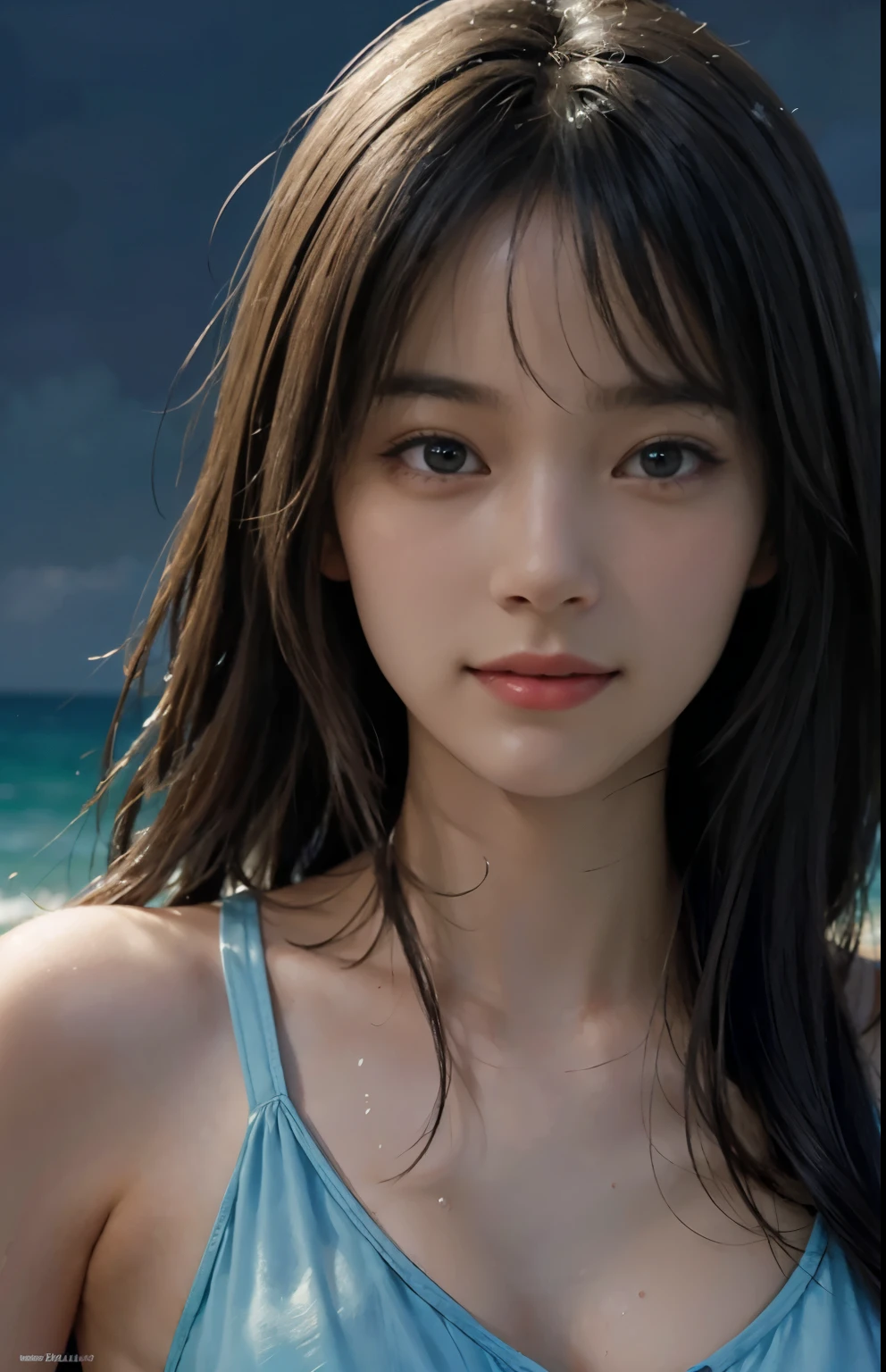 (A hyper-realistic), (illustratio), (hight resolution), (8K), (ighly detailed), (The best illustrations), (beatiful detailed eyes), (top-quality), (ultra-detailliert), (masterpiece), (detailed face), droopy eyes,full of sweat, slender body, long hair,inner colored,solo,Girl in simple dark bikini, huge , smile, ocean at night, moon