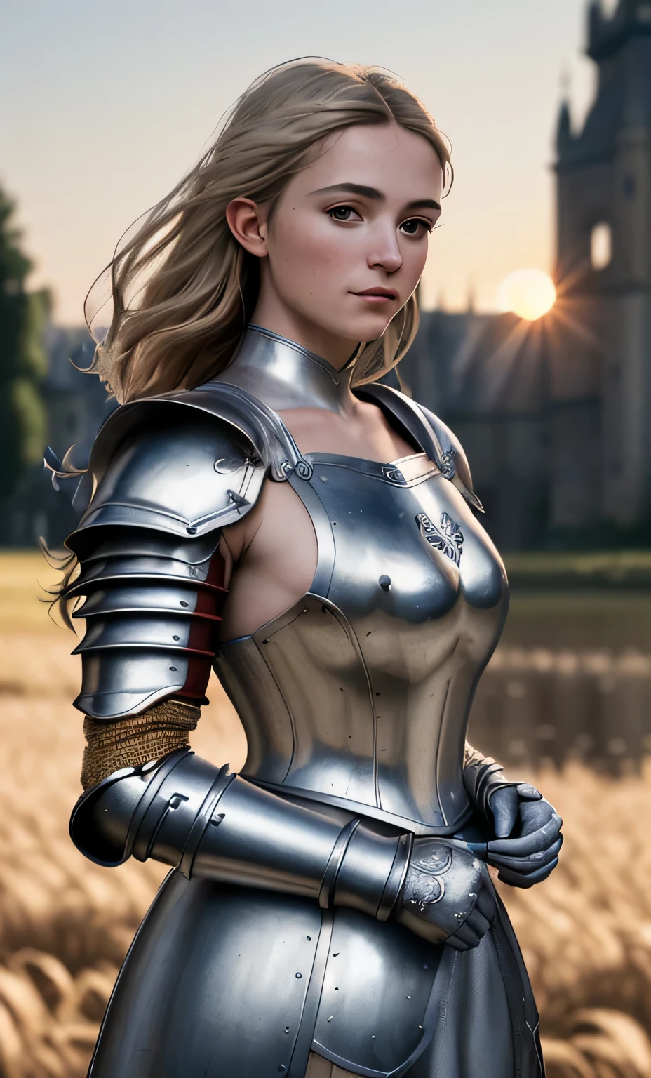 A stunning photorealistic anime-style illustration of a noble female knight in full plate armor. Her short silver hair is styled with an undercut, and she wears a helmet beside her as she leans on a tree. She is sipping a drink from a pouch, taking a moment of respite from her adventures. The knight's sword is holstered at her side, and her regal presence commands attention in the serene, sunlit forest setting.