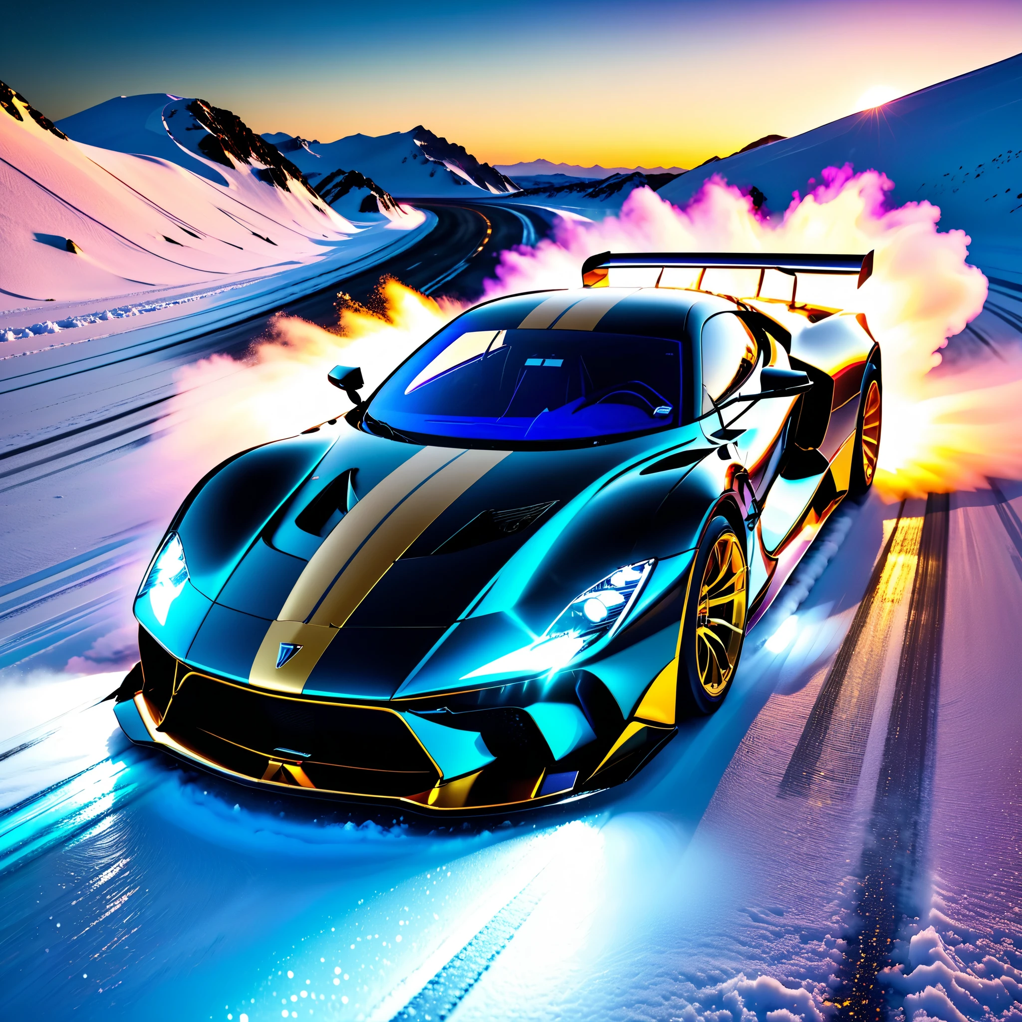 galaxy Nebula epic Sunset spacious hyper SunRise Racing Car, Start Racer Goal Auto_Racing_Circuit Race_Track deep path Equirectangular Circuit UnrealEngine5 Ultra tMasterpiece ultra_high-defintion ultra_Pto Photorealistic optimal ulra-sharp max ultra_high-quality opengl-shaders symmetrical ultra_high-details accurate reflex ultra_high-resoluion perfection volumetric Cinematic_Sunlight improved Octane_rendues UHD XT3 DSLR HDR 3dcg shadow analogiques extatiques dazzling Will-o'-the-wisp global luminescence (((An boatmobile inspired ultra-realistic angelic neon metallic black silver and gold chrome race car designed on a icy surface road with snow falling and deep snow covers the ground and everything all around ))), race car, street racing-inspired, Drifting, LED, ((Twin headlights)), (((Bright neon color racing stripes Cristallines kit incandescente flash blow glow))), (Black racing wheels), Wheel spin showing motion, Show car in motion, Burnout, wide body, modified car, racing livery Lava varied multi etc. --v6 --s1000 --c20 --q5 --chaos100