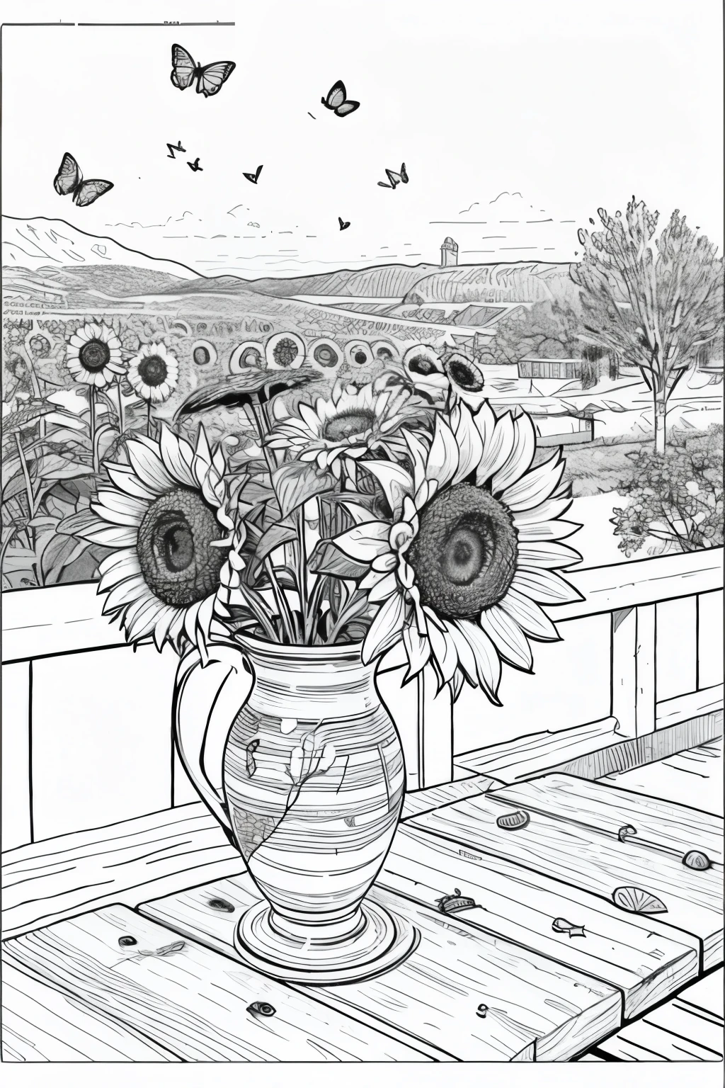 sunflowers, birds, butterflies, coloring page, line art 