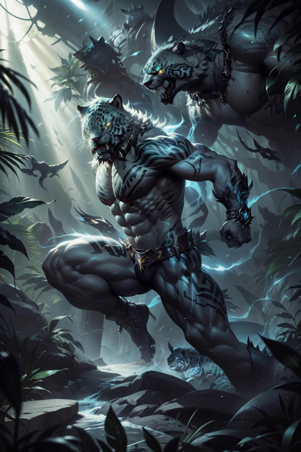 Digital art of a fierce warrior jaguar with gleaming amber eyes and razor-sharp claws. His muscular body is adorned with intricate tribal tattoos that seem to glow in the dark. The jaguar's powerful jaws are bared in a fierce snarl as he leaps into the air, ready to pounce on his enemies. The background is filled with lush jungle greenery and fiery orange sunrays that filter through the dense foliage, casting an ethereal glow over the scene. This artwork captures the raw power and determination of the noble warrior jaguar, a majestic guardian of the jungle.
