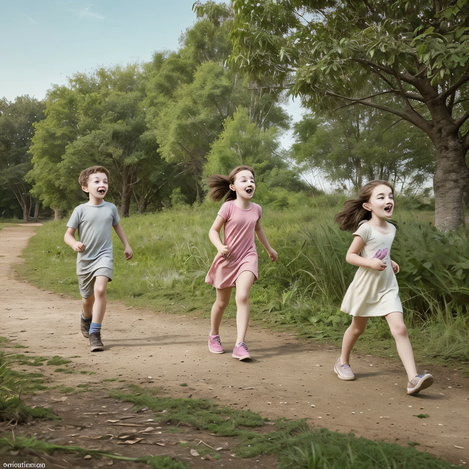 Create a cartoon picture of three children  in nature 