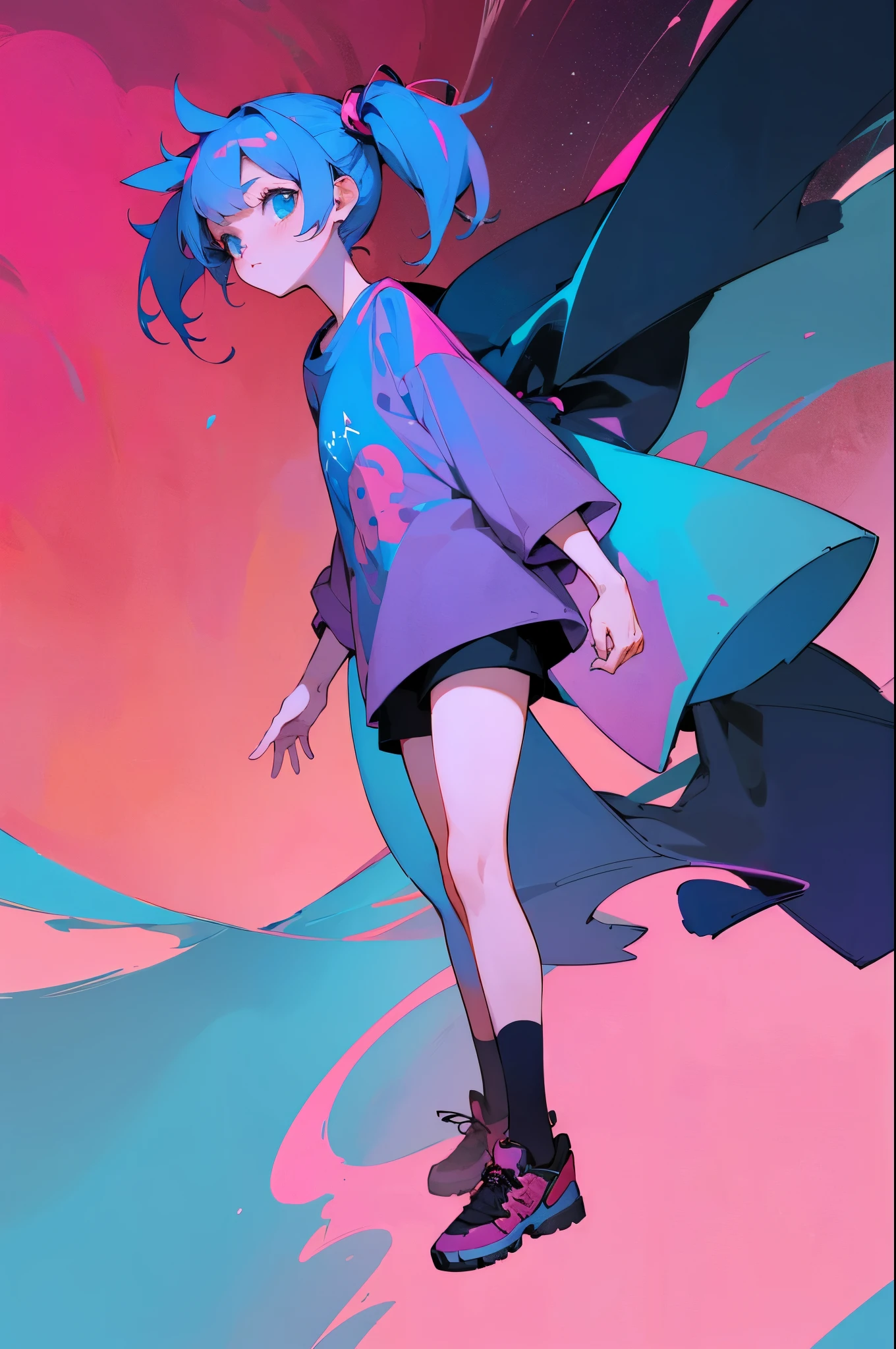1 anime girl, short girl that has a two color hair , right half pink left half blue hair color , long twintails hair , wearing a big loose shirt and very short pants,Original Character, Looking At dark sky, (Highest Quality, Amazing Details:1.25), (Solo:1.3), Brilliant Colorful Paintings,
