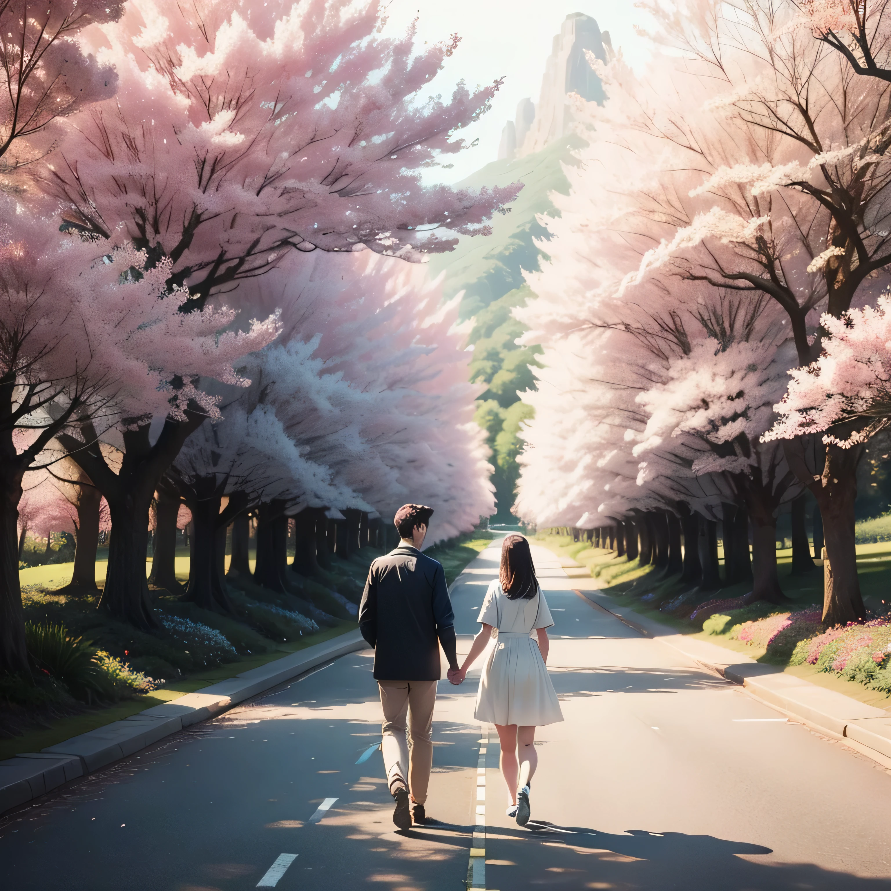 walk hand in hand along the winding road、Image of a couple walking along a path surrounded by lush nature.、Perfect match with realistic phrases about love. This visual representation is、、can symbolize the journey of a relationship, downs, Overcoming obstacles and the beauty of shared imperfections in life.Adult couple、cherry blossoms、