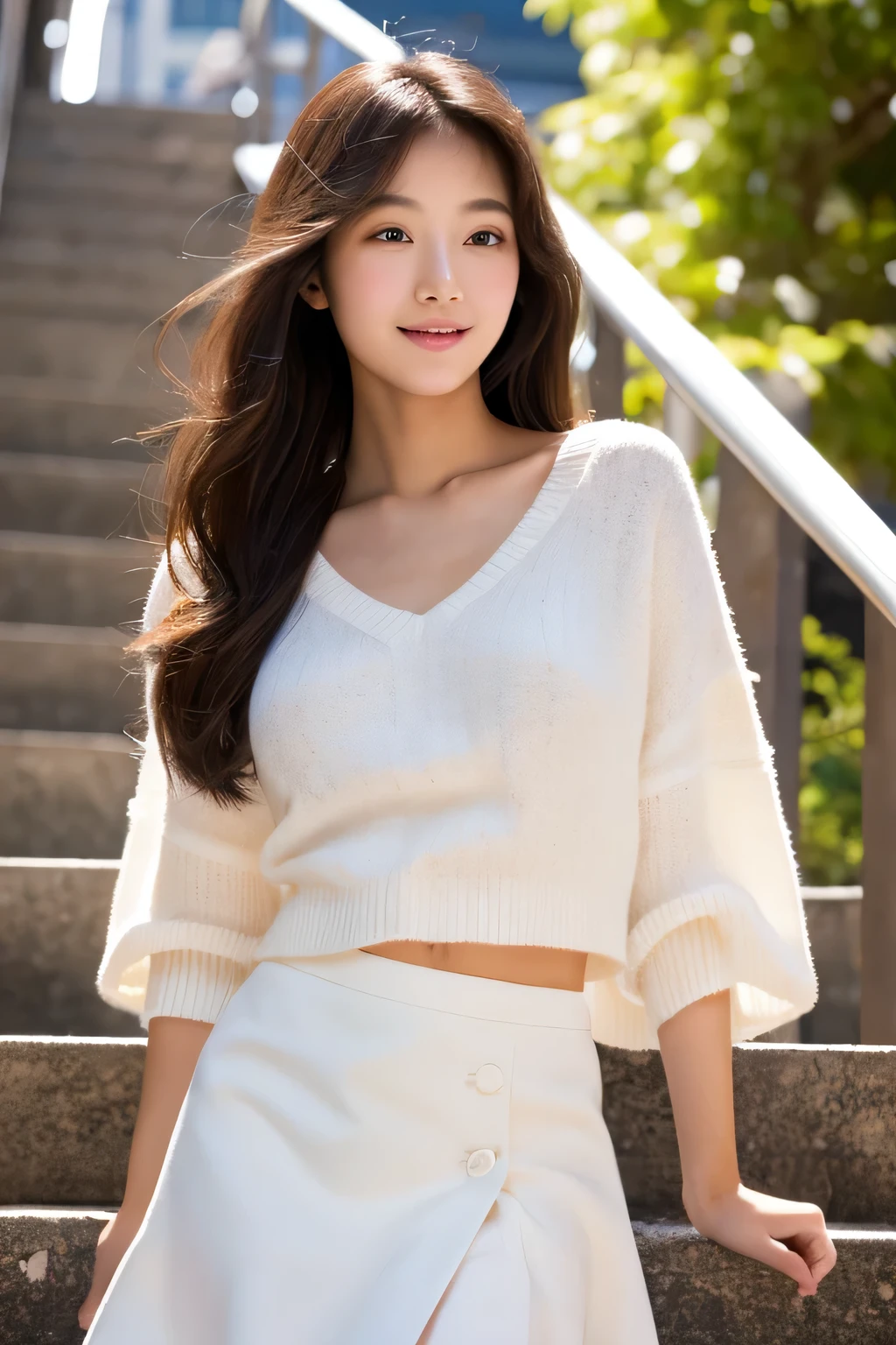 ((((top-quality))))、(((Ultra Precision CG16K Wallpapers)))、(((masterpiece)))、(((ultra-detailliert)))、(((Ultra-extreme details)))、1Man Woman、Underage females、18yo woman、((Korean Face))、((extremely beautiful face))、((K-pop idol、HAERIN:1.5))、((Straight Bob Hair:1.3))、(shinny hair)、Bangs up to the eyebrows、Beautiful brown hair、Beautiful delicate eyes、Brown eyes、raised eyebrows、lofty nose、small nostrils、Small mouth、seductive lips、slightly open mouth、Beautiful breasts、C-cup size breasts、cleavage of the breast、Plump body、perfectly proportions、perfect anatomia、perfect-composition、beautiful detailed shading、Beautiful natural lighting、Beautiful detail glow、depth of fields、(((a high chroma)))、(((realisitic:1.9)))、((Vivid:1.4))、((Beautiful skin))、((Skin texture))、((Realistic skin feeling))、(((Head-to-thigh shot:1.5)))、((Frontal angle:1.5))、((a smile:1.4))、(Eyes looking at me)、Bright sunshine、(((standing on a mountain top:1.5)))、(Blur the background)、(((Light blue cashmere sweater clothing:1.6)))、(((Wearing white shorts:1.6)))、