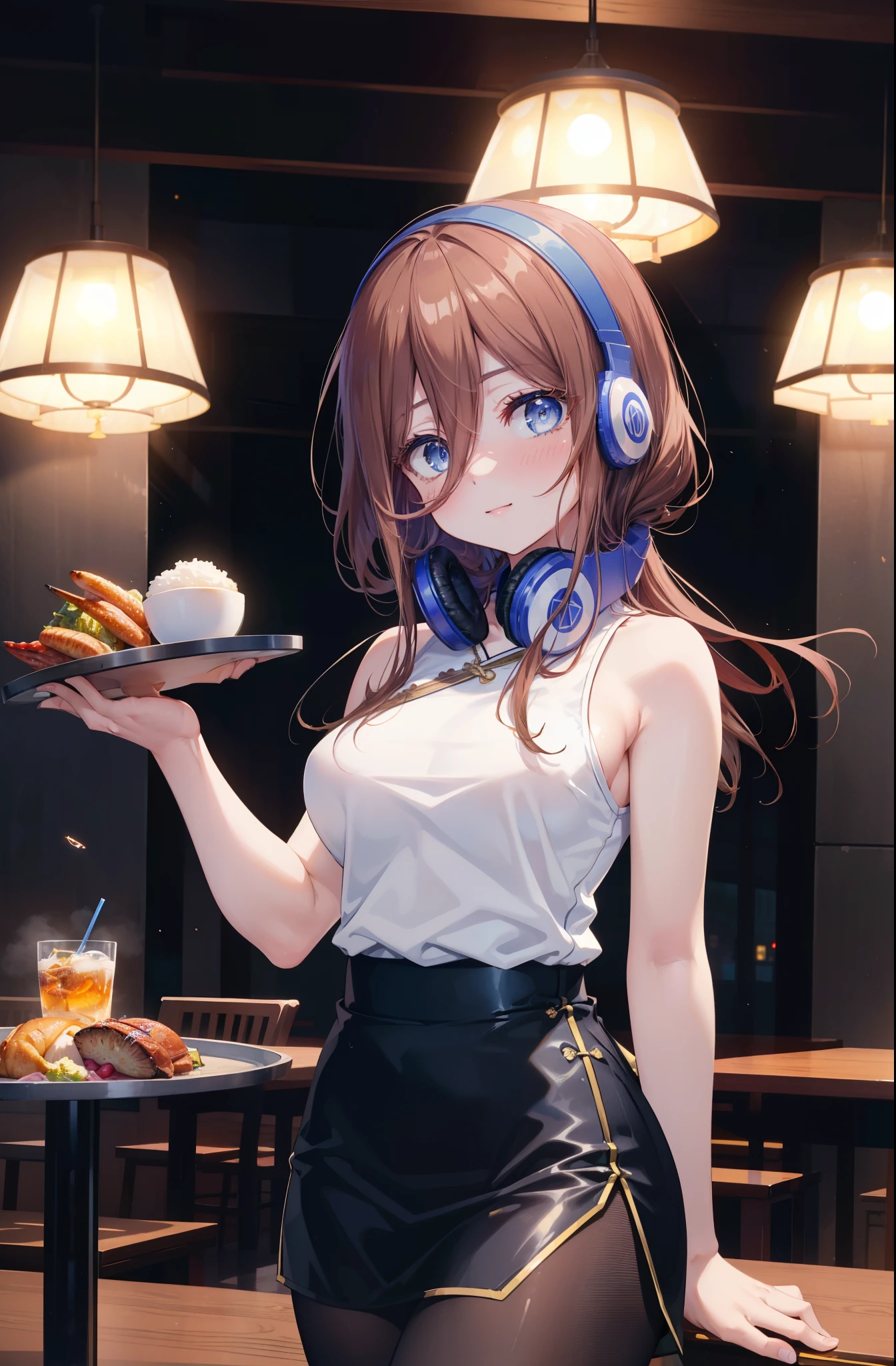 Miku Nakano, Miku Nakano chicke iii, long hair, bangs, blue eyes, brown hair, hair between eyes, smile,blush,headphones around neck,blue sleeveless cheongsam,blue long slit skirt,Fishnet tights,stiletto heels,indoor, remainder, food, drink, table and chairs, cleaning, tray, tray in one hand
break indoors, Chinese style restaurant,
break looking at viewer, (cowboy shot:1.5), (Upper body:1.5),
break (masterpiece:1.2), highest quality, High resolution, unity 8k wallpaper, (figure:0.8), (detailed and beautiful eyes:1.6), highly detailed face, perfect lighting, Very detailed CG, (perfect hands, perfect anatomy),