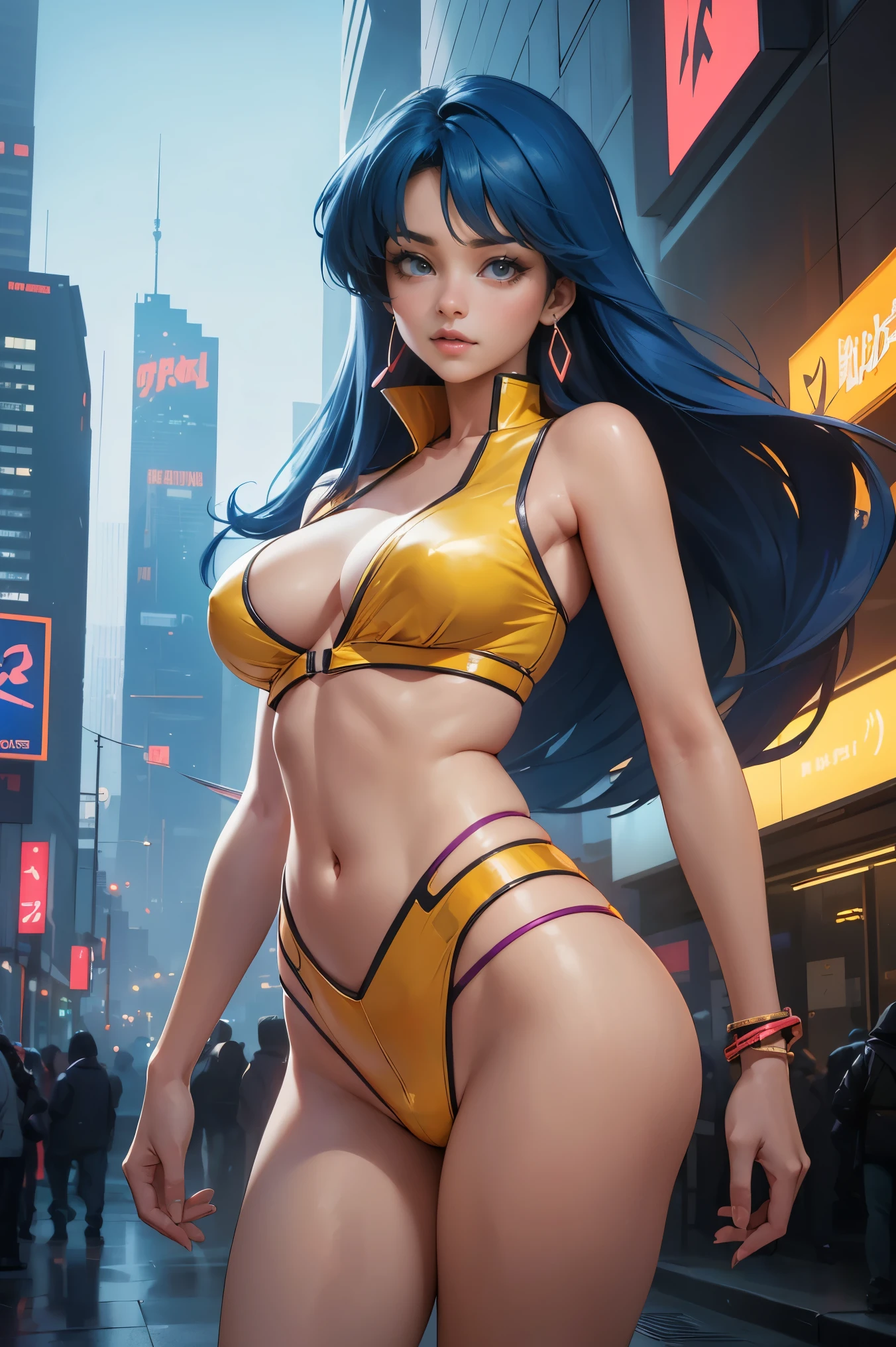 (best quality:1.2,highres,ultra-detailed), detailed face and body of Yuri from The Dirty Pair, stunning Asian beauty, expressive brown eyes, luscious lips, long flowing blue hair, (skimpy yellow outfit), (revealing cleavage), confident and sexy pose, (cyberpunk-inspired city background), neon lights illuminating the scene, vibrant colors, (futuristic and edgy atmosphere), stylish and sleek architecture, dynamic angles and composition, (sci-fi and anime fusion), perfect beauty 