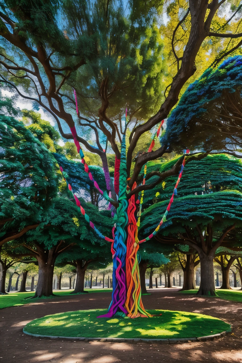 there are many colorful knitted trees in the park, outdoor art installation, limbs made from vines, winding around trees, knotted trees, twisting trees, art installation, vine art, hanging trees, trees swaying to the beat, forest of neckties, multi - coloured, vines hanging from trees, made out of wool, colorful otherworldly trees