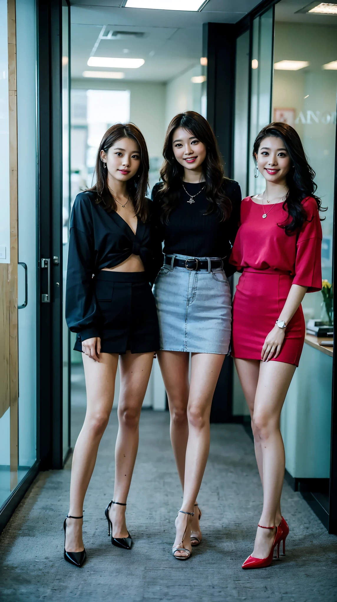 (highest quality, masterpiece, realistic, Super detailed, ultra high resolution, to be born:1.3), (3 girls:1.5), beautiful, Japanese, mature, 28yo, office workers, (tight knit, short skirt、I can see your pants), ({money| Silver| wine-red| navy| pink| yellow green| violet| sky blue} Clothes), (smile), (bangs), high waist, necklace, (office, indoor, glass room), (long legs, high heels, full body:1.2), (Medium chest:1.3), (crowd)