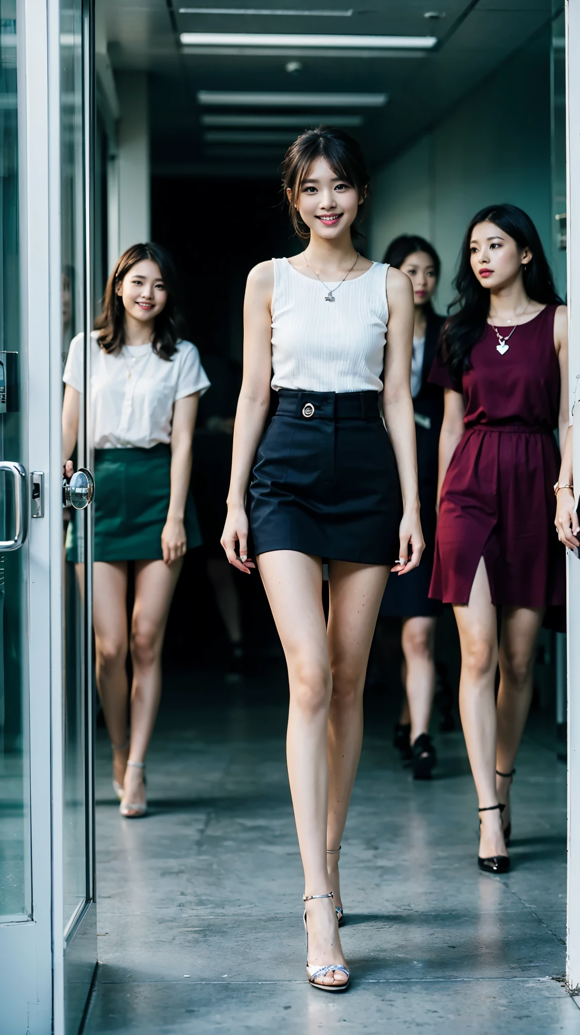 (highest quality, masterpiece, realistic, Super detailed, ultra high resolution, to be born:1.3), (3 girls:1.5), beautiful, Japanese, mature, 28yo, office workers, (tight knit, short skirt、I can see your pants), ({money| Silver| wine-red| navy| pink| yellow green| violet| sky blue} Clothes), (smile), (bangs), high waist, necklace, (office, indoor, glass room), (long legs, high heels, full body:1.2), (Medium chest:1.3), (crowd)