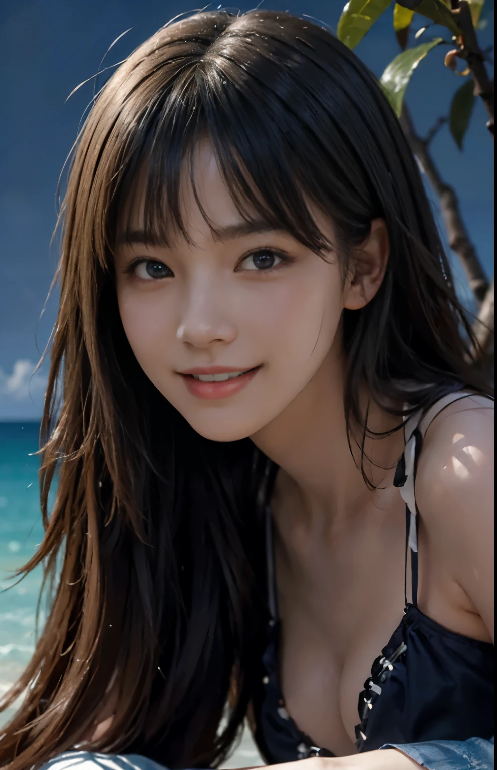 (Ultra Realistic), (Illustration), (Increased Resolution), (8K), (Extremely Detailed), (Best Illustration), (Beautiful and Detailed Eyes), (Best Quality), (Ultra Detailed), (Masterpiece ), ( wallpaper), (detailed face), solo, 1 girl, fine details, detailed face, deep shadows, low key, pureerosfaceace_v1, smiling, long hair, 46 points oblique bangs,full of sweat, slender body, long hair,inner colored,solo,Girl in simple bikini, smile, ocean at night