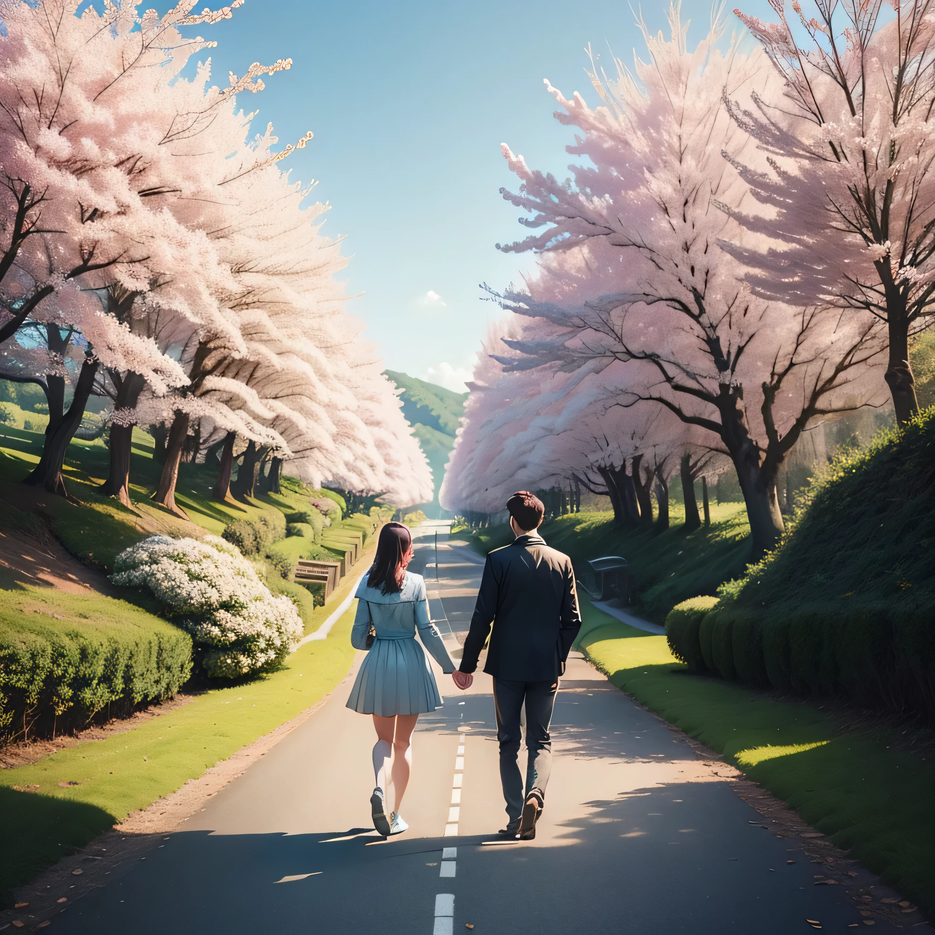 walk hand in hand along the winding road、Image of a couple walking along a path surrounded by lush nature.、Perfect match with realistic phrases about love. This visual representation is、、can symbolize the journey of a relationship, downs, Overcoming obstacles and the beauty of shared imperfections in life.Adult couple、cherry blossoms、