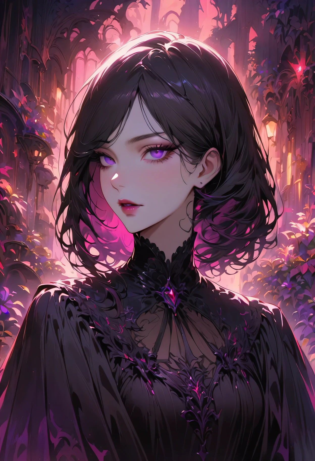 (high quality: 1.3), lens, masterpiece, (sharp focus: 1.5), (lifelike: 1.3), medium portrait (A beautiful young vampire woman, pale skin, Gothic, Still proud and fierce, Black short bob straight hair, dark appearance, Wearing a sophisticated dark tunic, dark atmosphere, But shape it in a way that contrasts light and dark), it&#39;night, (highly refined skin), (Detailed face),  Detailed background, dark light, twilight lighting, Volumetric lighting, intricate details, ultra high definition,