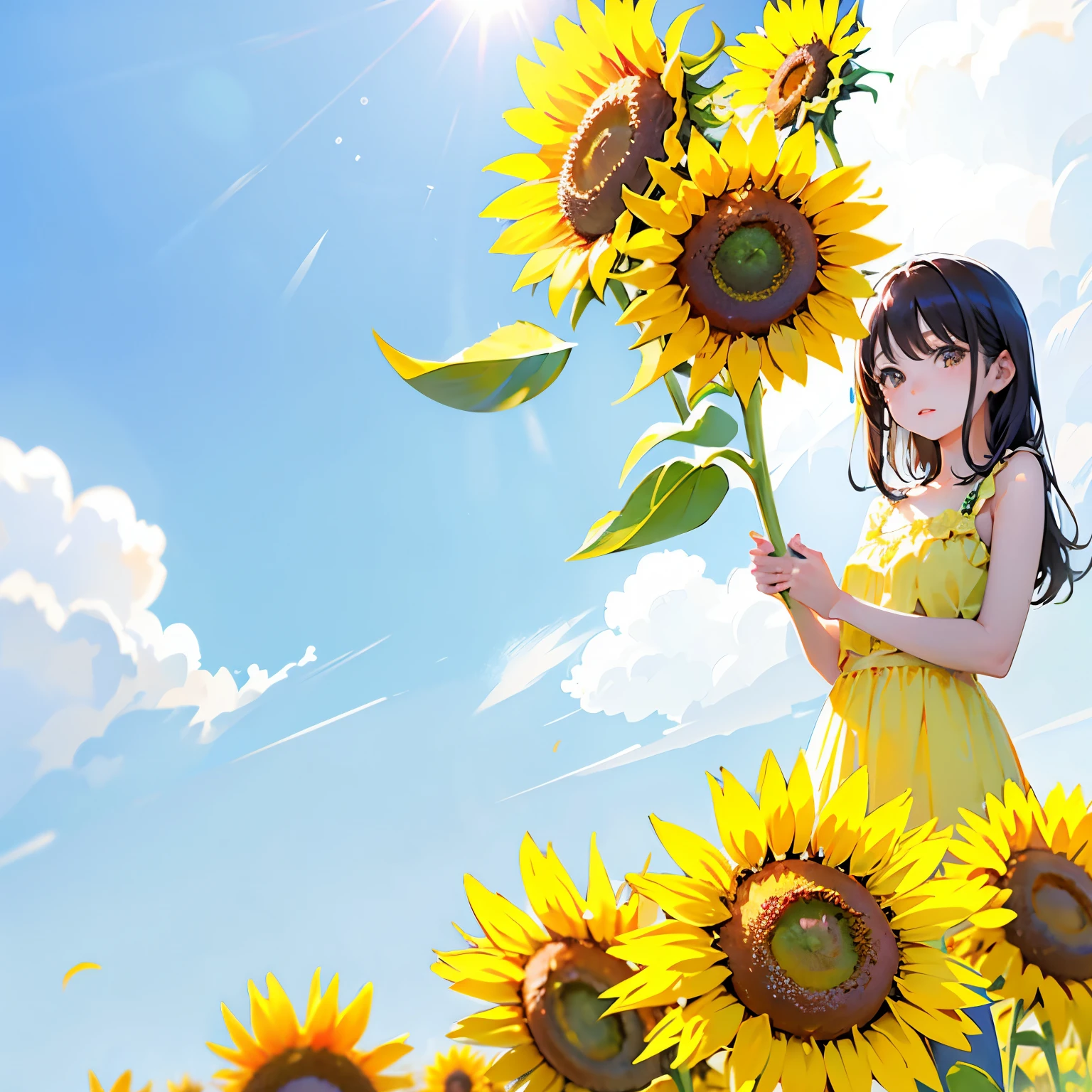 there is a girl standing in a field of sunflower, 美丽的sunflower动漫女孩, sunflower背景, Scenes : sunflower田, Scenes: sunflower田, sunflower in the background, on a sunny, sunflower, in a sunny, sunny time, illustration!, sunny time, Doujinshi, bright sunny, sunny, illustration, sunflower田