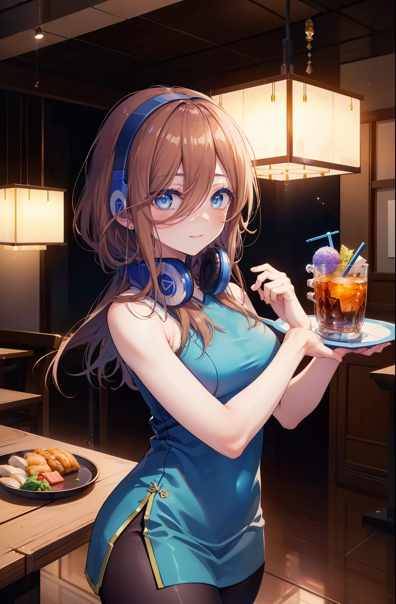 Miku Nakano, Miku Nakano chicke iii, long hair, bangs, blue eyes, brown hair, hair between eyes, smile,blush,headphones around neck,blue sleeveless cheongsam,blue long slit skirt,Fishnet tights,stiletto heels,indoor, remainder, food, drink, table and chairs, cleaning, tray, tray in one hand
break indoors, Chinese style restaurant,
break looking at viewer, (cowboy shot:1.5), (Upper body:1.5),
break (masterpiece:1.2), highest quality, High resolution, unity 8k wallpaper, (figure:0.8), (detailed and beautiful eyes:1.6), highly detailed face, perfect lighting, Very detailed CG, (perfect hands, perfect anatomy),