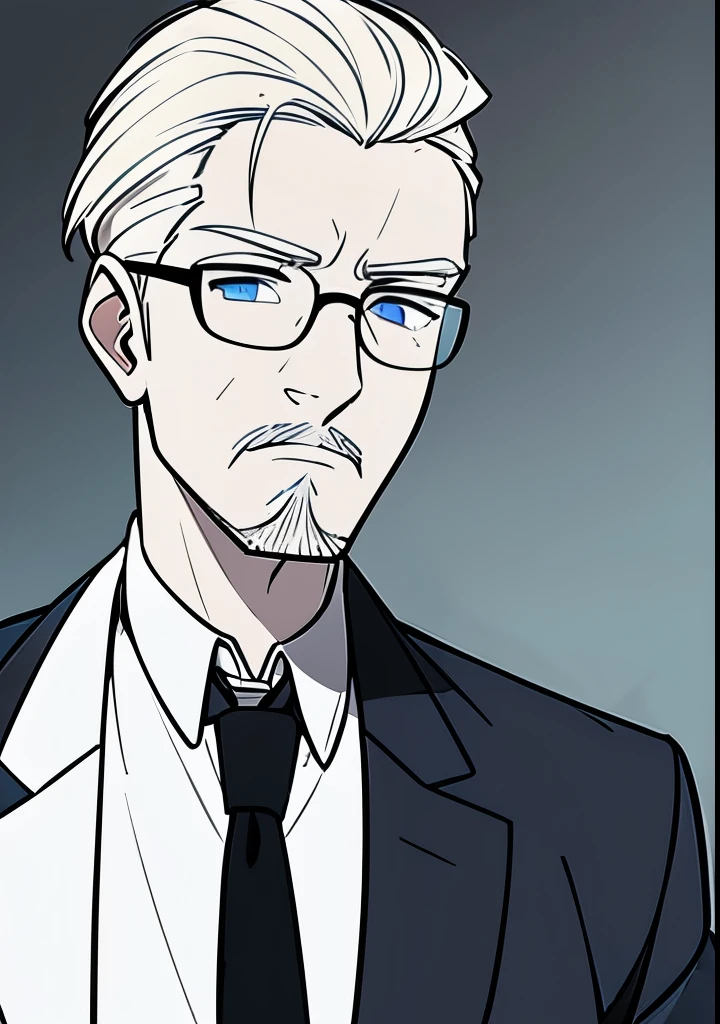 Adult male, white and tender skin, pale blonde slicked back combed short hair, kaisermustache and a ducktail beard, steel blue eyes, green and slightly mature, serious and emotionless facial expression,wearing a black suit jacket, white collar shirt, black tie and suit pants and glasses, portrait style,  facing forwards