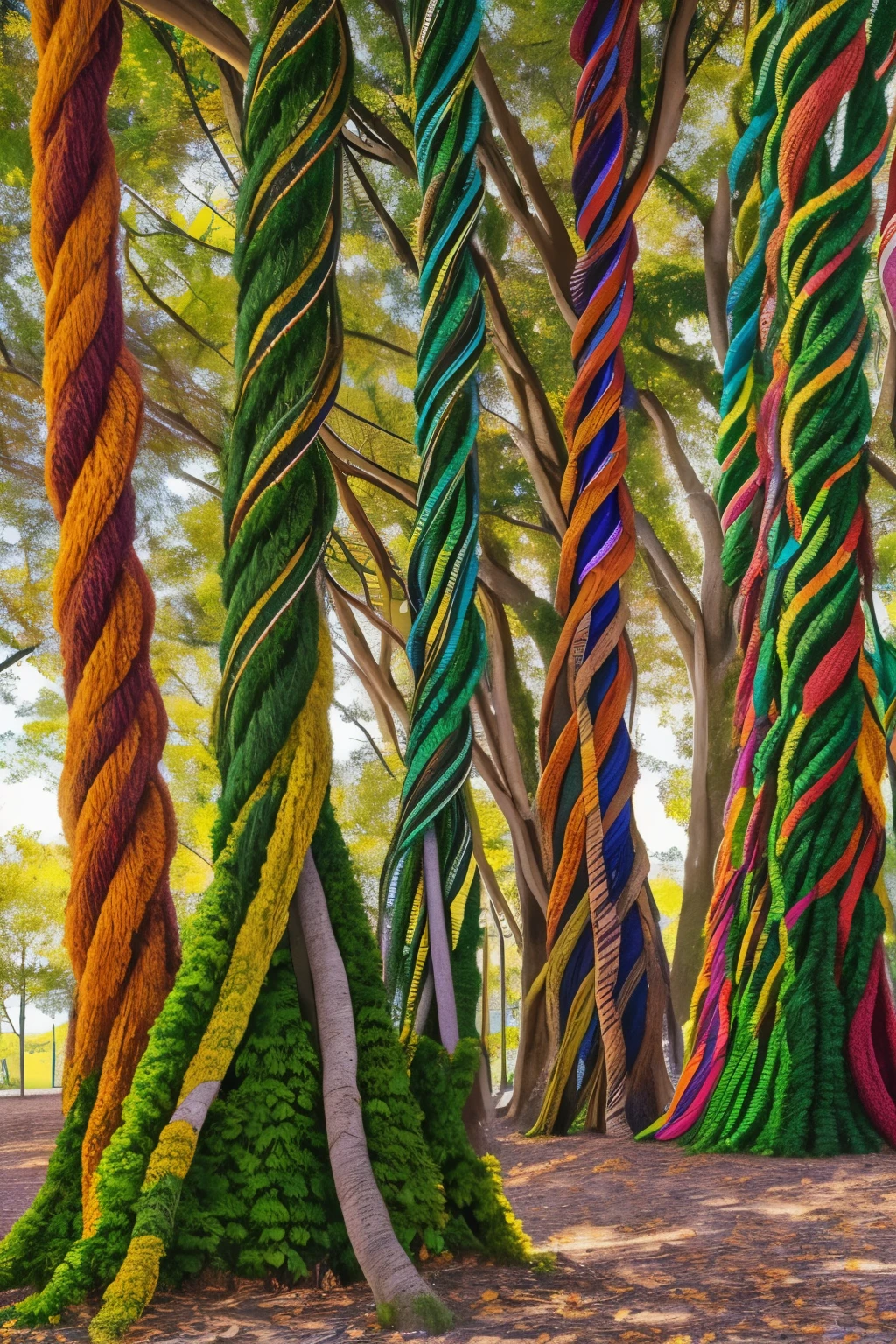 there are many colorful knitted trees in the park, outdoor art installation, limbs made from vines, winding around trees, knotted trees, twisting trees, art installation, vine art, hanging trees, trees swaying to the beat, forest of neckties, multi - coloured, vines hanging from trees, made out of wool, colorful otherworldly trees