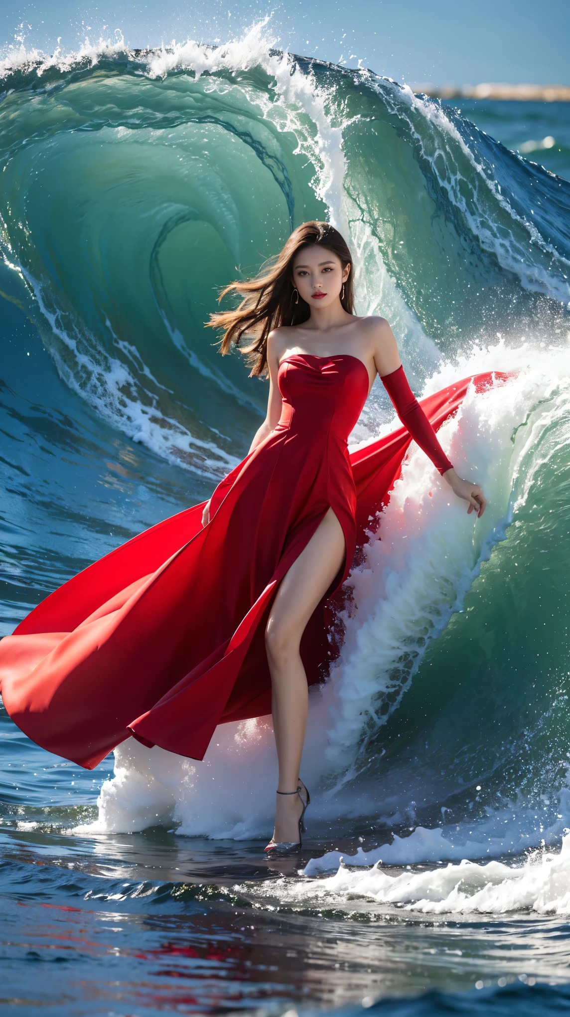(YES NSFW), (1girl), 25yr old girl runs, girl alone escapes from floods and huge waves, (solo girl:1.3), Girl wearing a very long evening red dress, windyupskirt, wind rises her skirt showing groin area、((skirt lift by yourself)))、(Lifted by yourself)、panties off、no panties、red blush、aparted lips、looking at the viewers、 wind moves skirt showing her perfect ass. (Front view:1.3). Beautiful face. She runs down in Rome streets. garbage dumpsters around, off-end road. City landscape. She escapes from floods and huge waves, Beautiful perfect face. Closed eyes, slightly open mouth, smooth skin, real pores, (windyupskirt), heavy rain, hide one's hands、Do not show your hands. front view, best quality, fine details, {{masterpiece, best quality, extremely detailed CG, unity 8k wallpaper, cinematic lighting, lens flare}}. ((extreme detail)), (ultra-detailed), best quality, ultra high res, (8k, RAW photo, masterpiece, realistic, photorealistic:1.4), 8k uhd, dslr, absurdres, ray tracing, high quality texture, intricate details, detailed texture, finely detailed. Extremely Detailed CG Unity 8K Wallpapers、top-quality、masterpiece、realisitic、Photo Real, Dramatic dark lights, night illumination