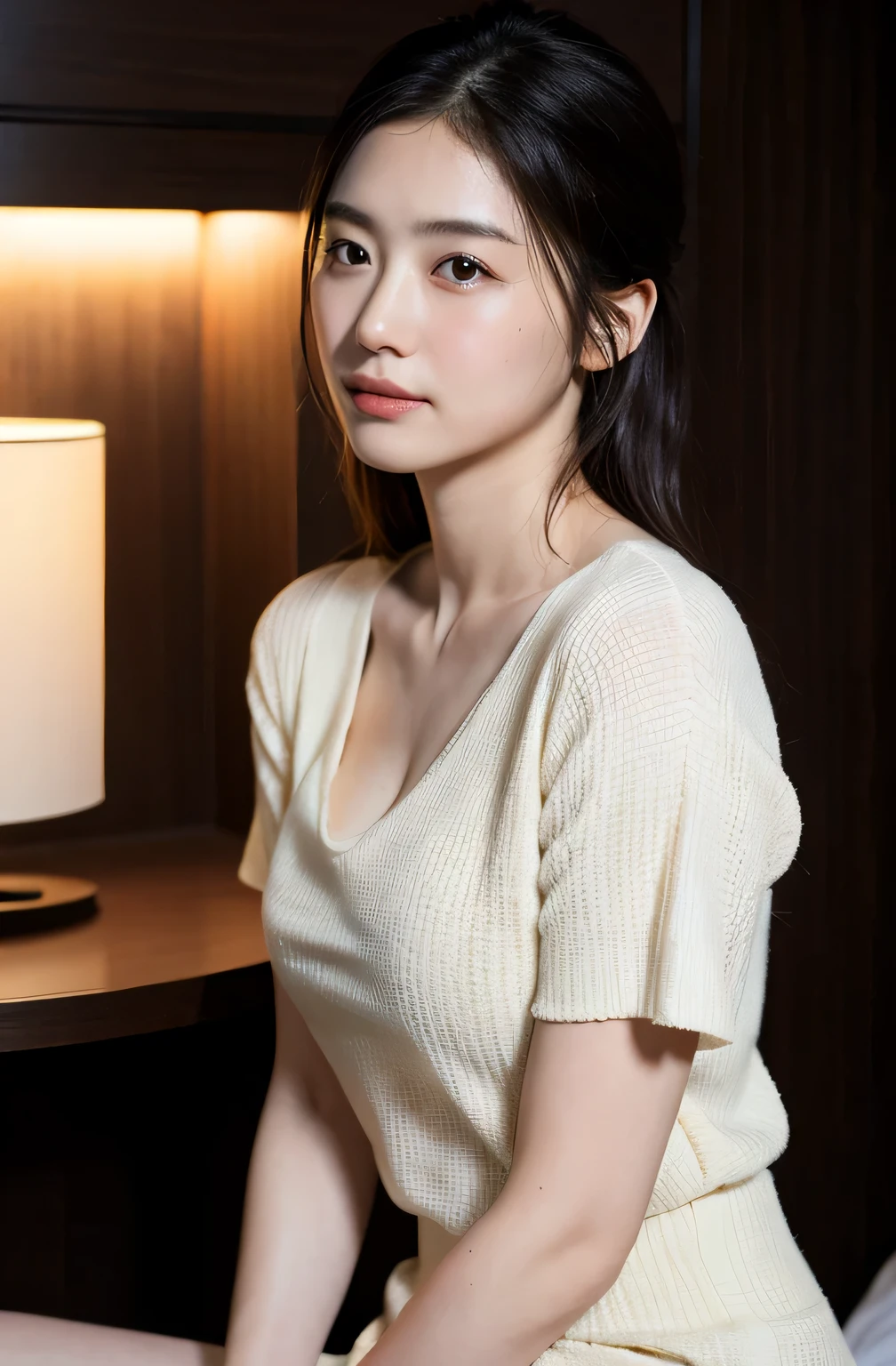 ((8K:1.27)、highest quality、masterpiece、ultra high resolution:1.2)photograph、 Naked Japanese woman with the most beautiful face(happy:1.1) (shirt:1.21)very beautiful eyes、face forward、Sit straight at the camera、Mr.々body position and arm pose、elegant、sexy hairstyles、1 girl、delicate skin、Look at this、(Naughty and beautiful bust、1.0)、(middle breast wheel:0.8)、(real:1.4)、(highest quality:1.0)、(ultra high resolution:1.0)、8K、student photography、(masterpiece:0.2)、(pureerosface_v1:0.5)、sitting on a hotel bed at night、、pitch darkness、subject、A flushed white body that has just come out of the bath、Very naughty atmosphere、Mr.々arm position、