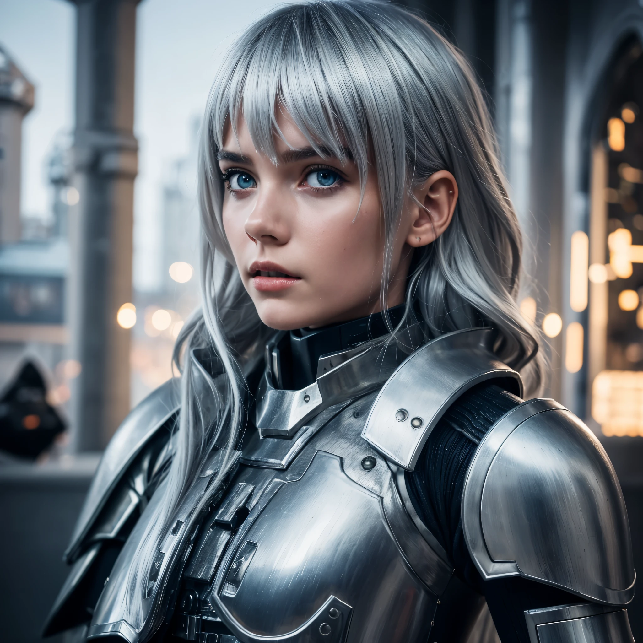 sweden 1girl,beutiful detailed face ,armored dress,silver hair,fantasy,town horizon,photorealistic, cinematic lighting,sharp focus, depth of field