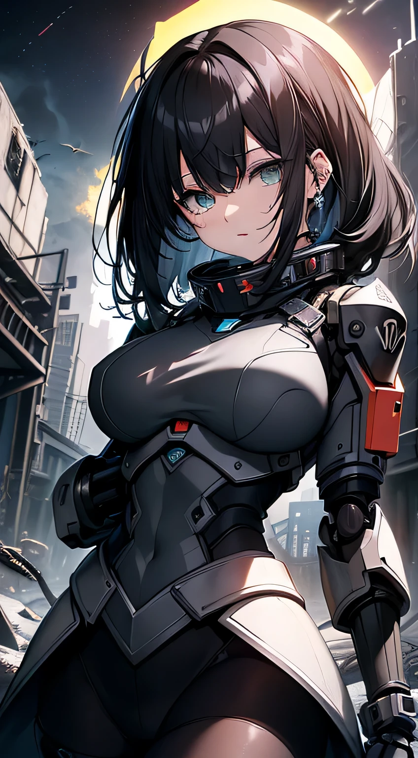 top-quality、Top image quality、masterpiece、Mecha Girl((18year old、Black and gray mechanical parts、Robot joints,Black tights,Bust 100、A dark-haired、Staring at the viewer、Breasts wide open,Large valleys、、Blue Eye、Dye cheeks、fighting poses))hiquality、depth of fields、Background with((World of the Apocalypse、Black sky))、Depth((planet earth))
