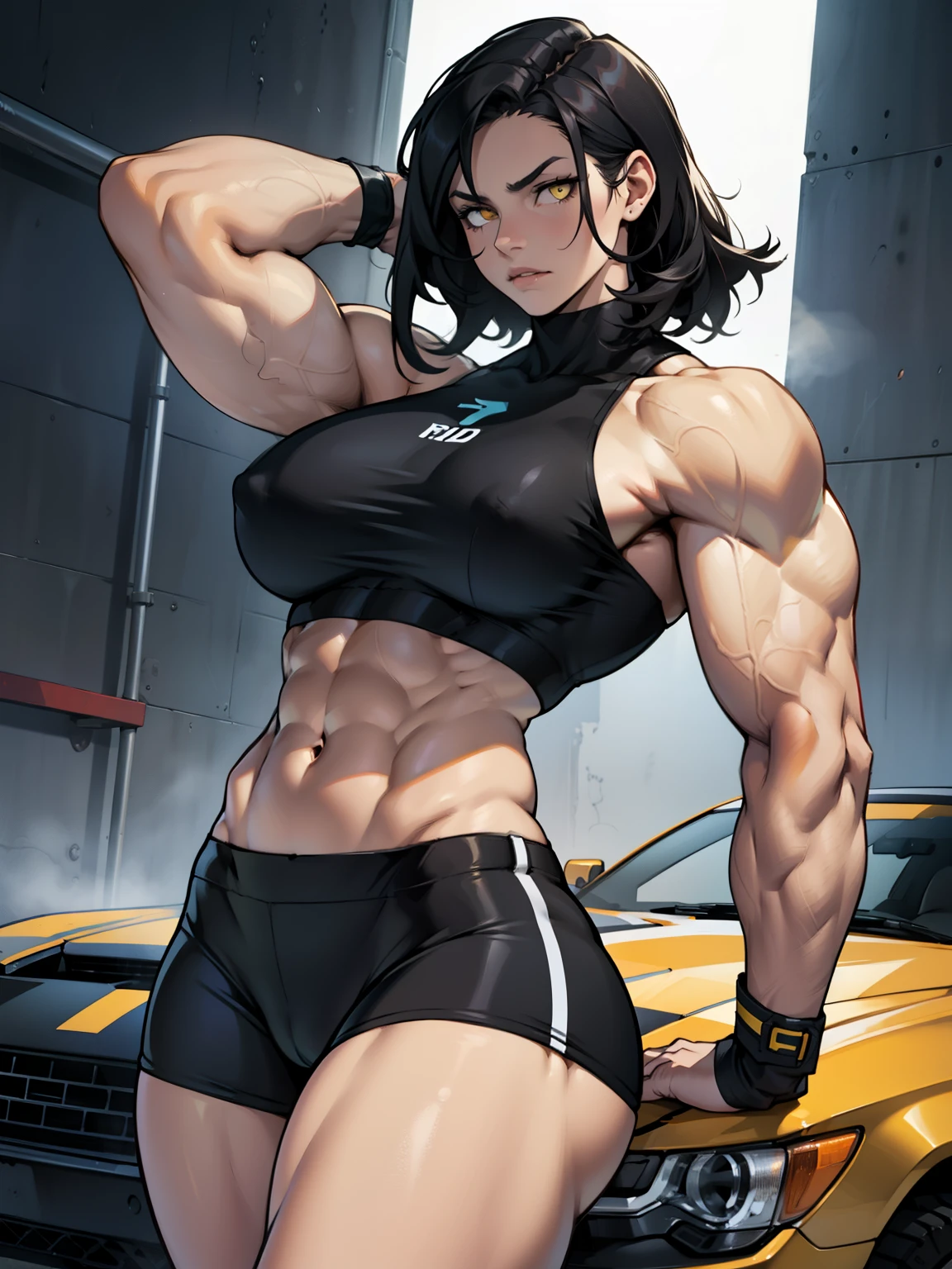 muscular girl thin waist toned body large breasts thick thighs pale skin girl black hair yellow eyes sad muscular muscular 