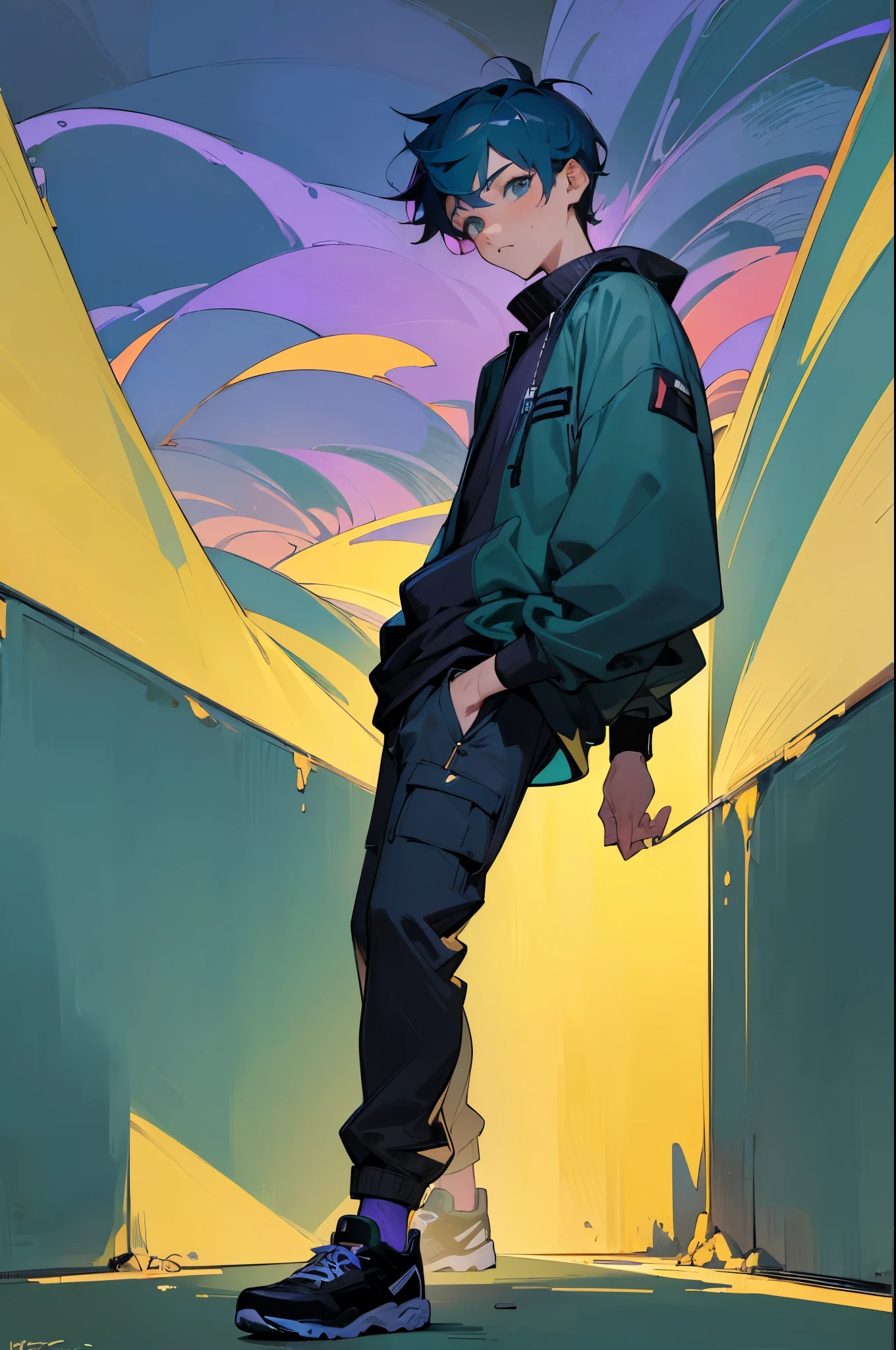 (masterpiece:1.4), 1boy, Streetwear,cargo pants, street, (masterpiece, best quality, highres, ultra detailed ), night, depth of field, absurdres, (masterpiece:1.4), ultra-detailed, 1boy, stand up, black and teal, short purple wildly hair with teal streaks