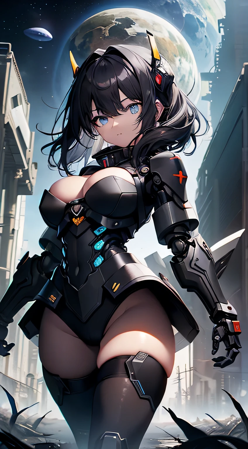 top-quality、Top image quality、​masterpiece、Mecha Girl((18year old、Black and gray mechanical parts、Robot joints,Black tights,Bust 100、A dark-haired、Staring at the viewer、Breasts wide open,Large valleys、、Blue Eye、Dye cheeks、fighting poses)）hiquality、depth of fields、Background with((World of the Apocalypse、Black sky))、Depth((planet earth))