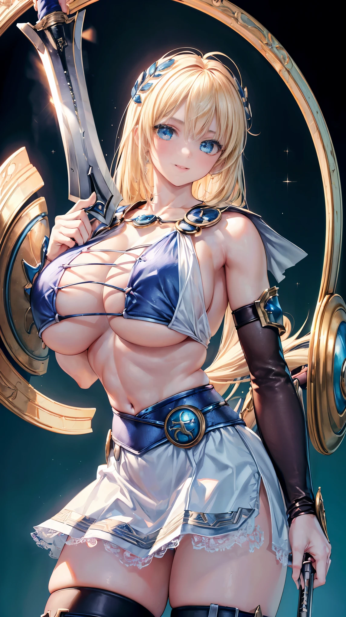 ultra-detailed、master piece、masterpiece、sensual, long blonde hair, thick thighs, 8K, 4k, highest quality, (High resolution:1.6), cute anime face, noise reduction, (shining blue eyes, gentle smile:1.5, kind eyeaster piece)、toned abdominal muscles, muscular arms, muscular legs,  young face, Sophitia Alexandra、(holding a sword in the right hand:1.5)、(Holds a shield on the left arm:1.5)、(SFW huge body:1.8)、knee high tights、beautiful hands、garter belt、small nose