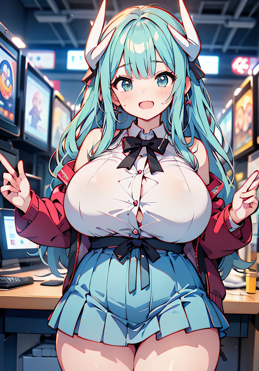 Erotic Anime Illustration、best image quality、A plump high school girl who seduces herself at a game center、kiyohime、perfect proportions、Overwhelming big breasts that go beyond common sense、thick legs with fat、cowboy shot、ecstatic expression