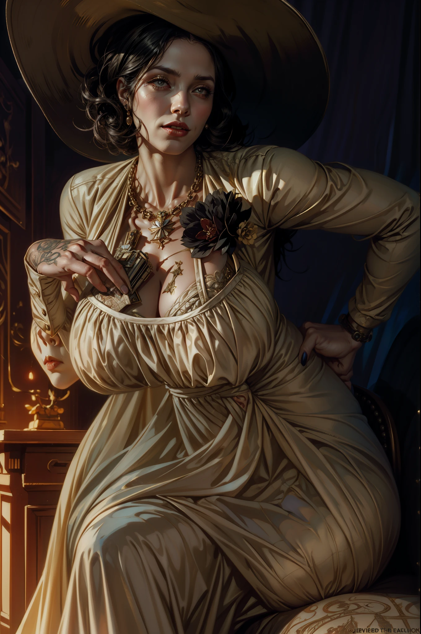 there is a woman in a dress and hat sitting on a chair, lady dimitrescu, portrait of lady mechanika, eldritch horror goddess, style ivan talavera and artgerm, artgerm julie bell beeple, lofi bioshock steampunk portrait, succubus in sundress portrait, alexandra fomina artstation