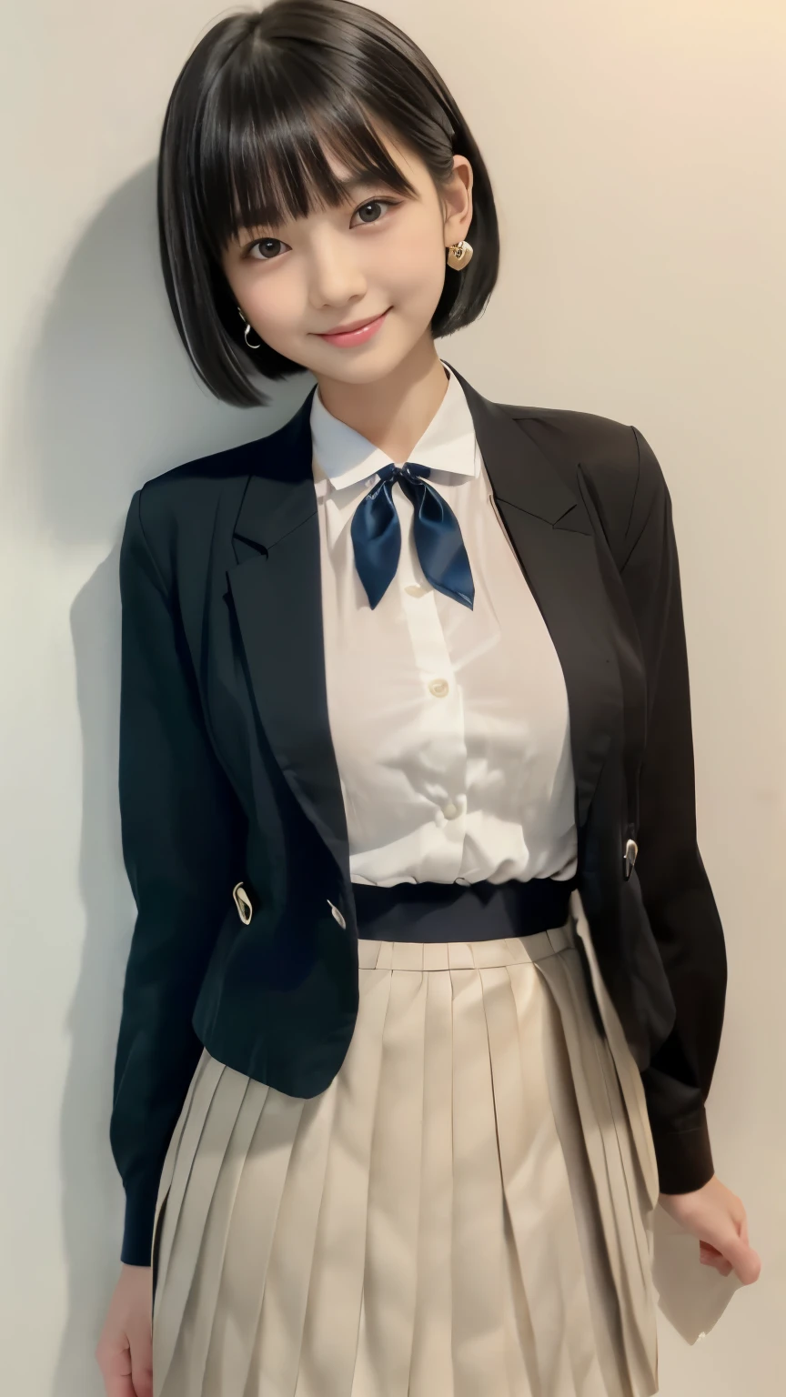 Masterpiece, Best-quality, RAW-photo, Ultra-High-Resolution, Photorealistic,
(Anatomically correct, 16-years-old, Realistic Japanese girl, photographer's lover, She truly loves photographer, baby face, cute face, short height, thin waist, big breasts, Slender legs, Large breast, Realistic skin),
((High , blouse, ribbon, blazer, pleated skirt:1.3)),
(maiko, Round face, Black hair, Black eyes, Moist eyes, Shining eyes, Short bob cut, Bangs, Down-slating eyebrows, one little earring, Light blush),
(See photographer, look at viewer, standing),
(Elegant goddess smile, seduce men),
(Background of Japanese high schools, many students),
Natural lighting, full length