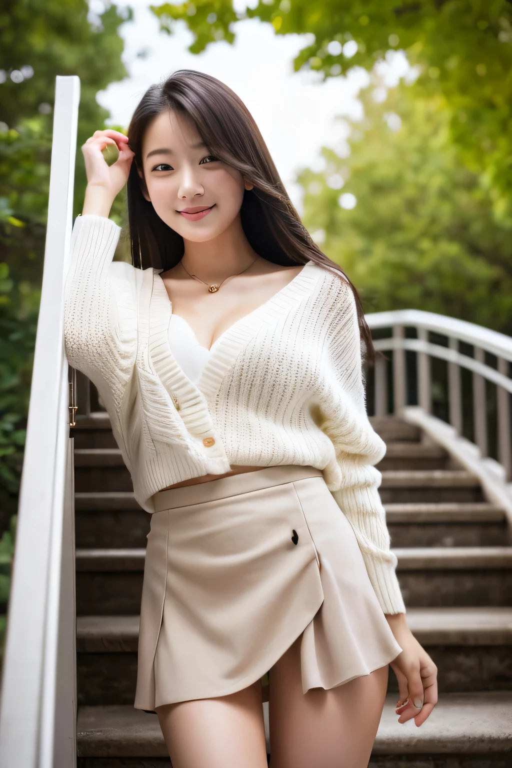 masterpiece, highest quality, Photoreal, Super detailed, finely, High resolution, 8k wallpaper, Professional, Advanced level of detail, Female college student standing on canvas stairs, Slender Japan woman, ((facing the front)), detailed clavicle, Medium chest、perfect face, straight hair, white sweater、The wind blows up my mini flared skirt, revealing my panties..、smile gently