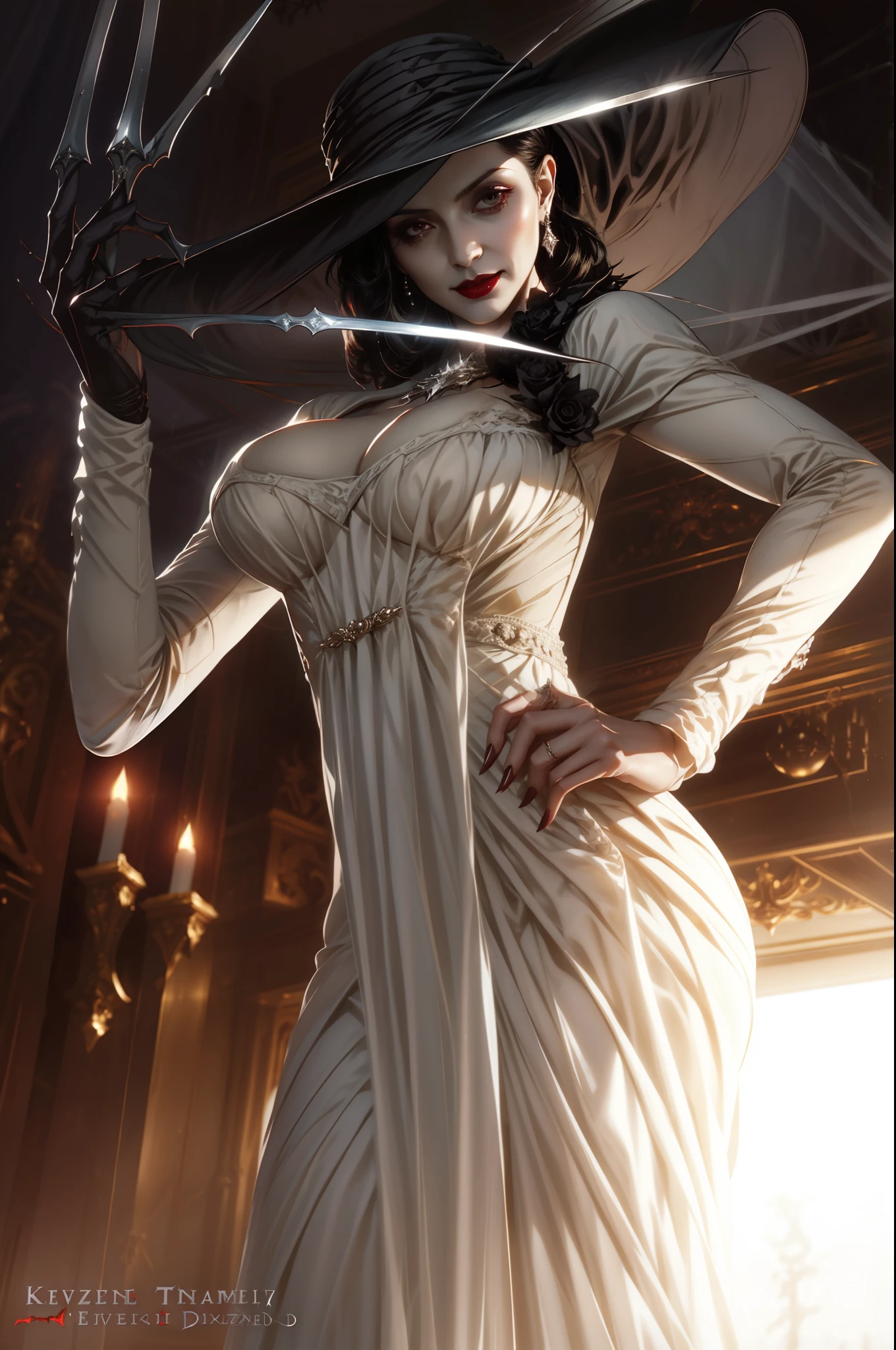 arafed image of a woman in a white dress and a large hat, lady dimitrescu, albedo from overlord, carmilla vampire, androgynous vampire, albedo from the anime overlord, stanely artgerm, albedo, elegant horror artwork, cushart krenz key art feminine, elegant victorian vampire