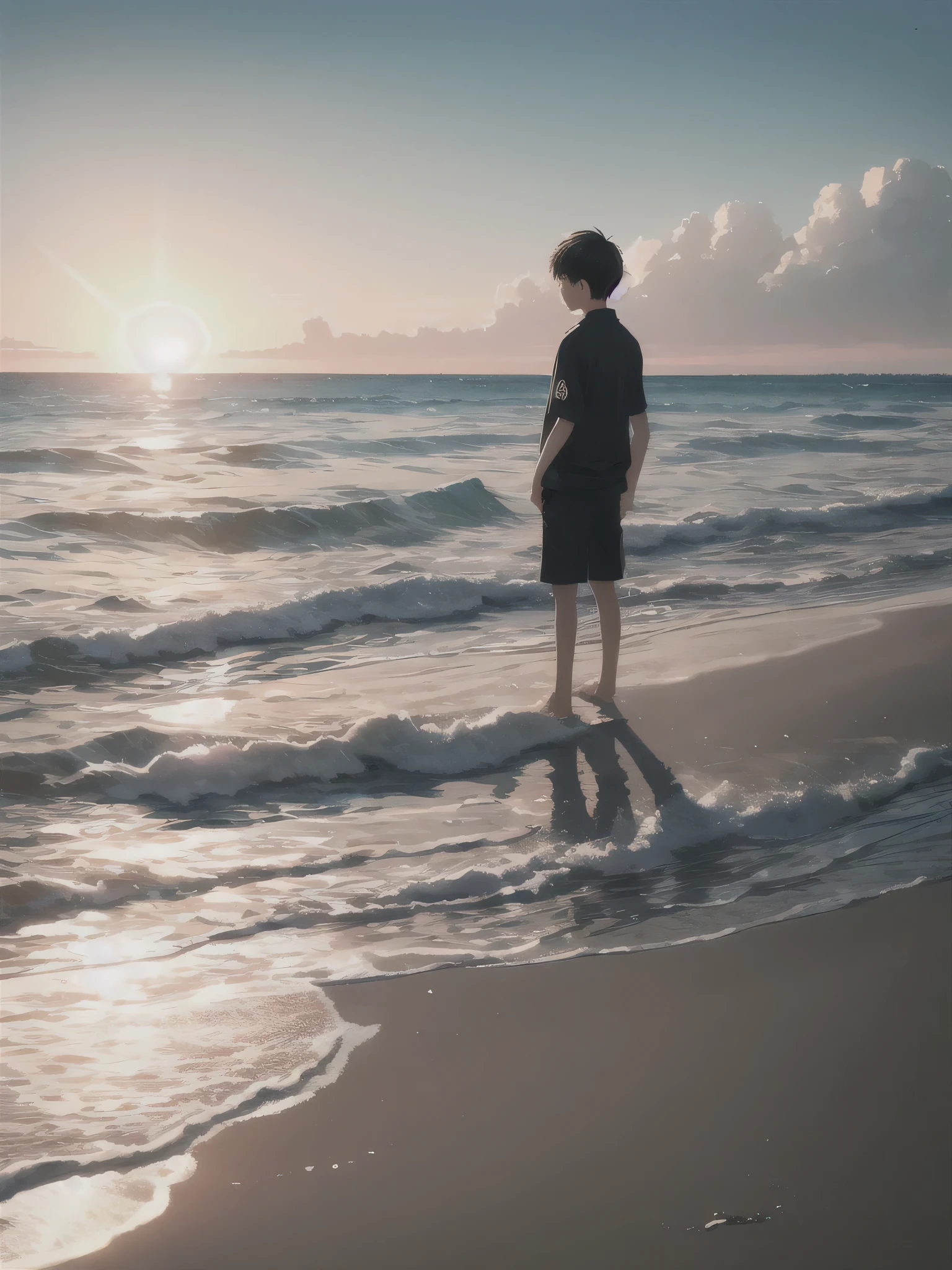 Boy standing on sea beach, alone, sunshine, seas ripple