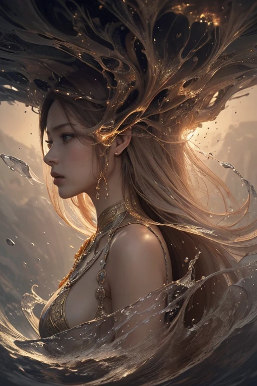 highest quality, masterpiece, realistic, High resolution, 8K RAW写真, 1 girl、long hair、goddess、woman,、mobile creatures、Vega alien、 Lower body melted, dark beige tone, Swirling fluid, science fiction concept art, fractal dimension, the great lost connection,change、Simultaneous occurrence、