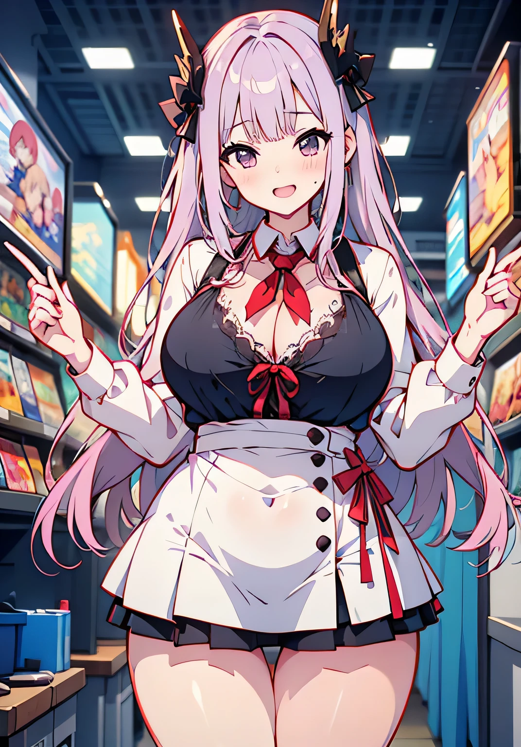 Erotic Anime Illustration、best image quality、A plump high school girl who seduces herself at a game center、Euryale、perfect proportions、Overwhelming big breasts that go beyond common sense、thick legs with fat、cowboy shot、ecstatic expression