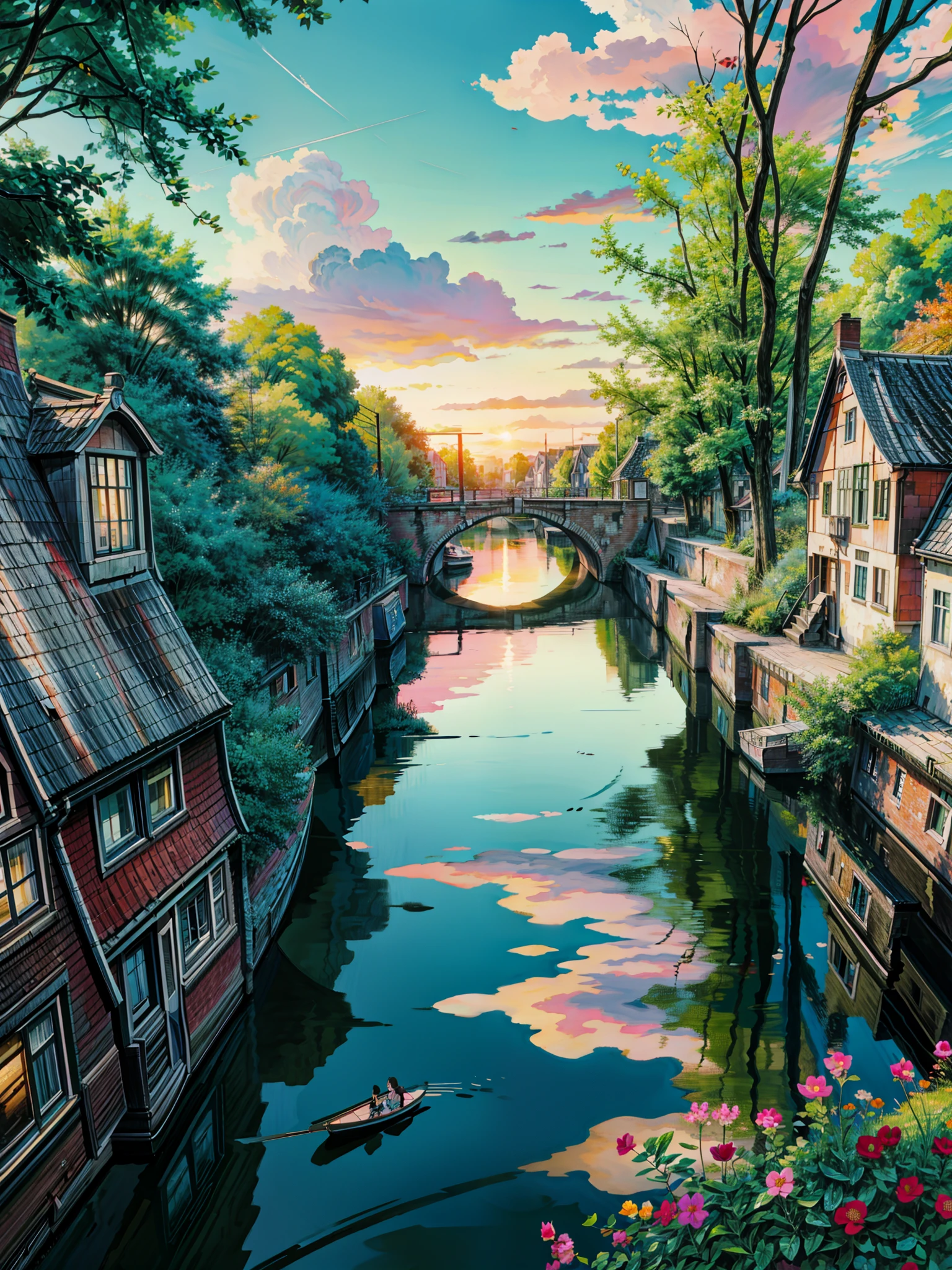 a couple of bikes parked next to each other on a bridge, gorgeous romantic sunset, canals, the netherlands, outdoors european cityscape, scenic colorful environment, golden hour photography, netherlands, amsterdam, stunning sunset, dutch landscape, beautiful summer landscape, canal, beautiful dreamy landscape, beautiful sunrise, beautiful landscape background, landscape scenery, vibrant sunrise, vibrant sunset, colorful sunset, floral sunset, 4k hd,, beautiful art uhd 4 k, a beautiful artwork illustration, beautiful digital painting, highly detailed digital painting, beautiful digital artwork, detailed painting 4 k, very detailed digital painting, rich picturesque colors, gorgeous digital painting
