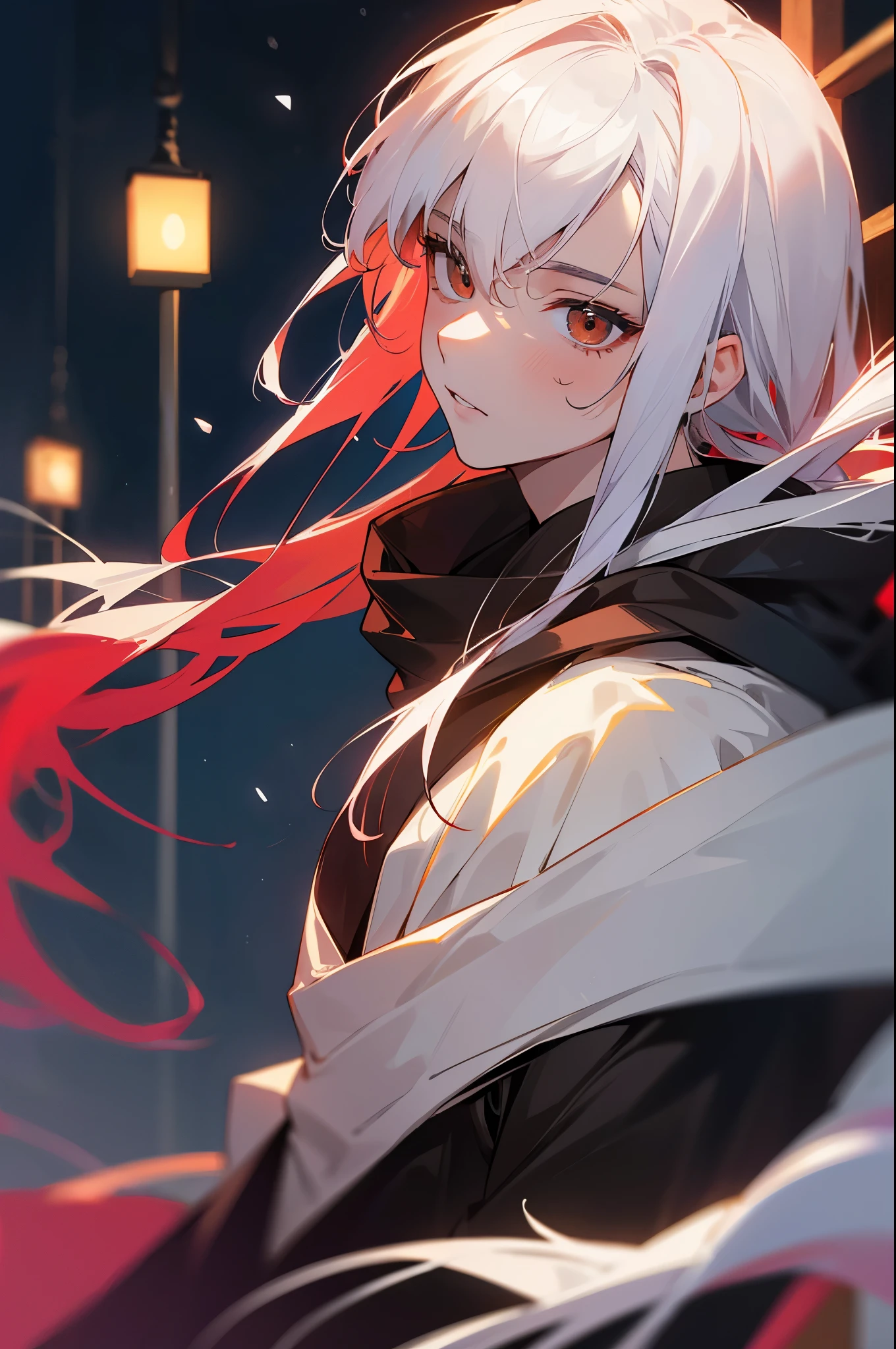 ((melhor qualidade)), ((obra-prima)), (altamente detalhado:1.ung man white hair with cherry red locks messy with bangs wearing a black wool cap and brown eyes, pale young man, Wearing a navy blue wool sweatshirt on a Tokyo street at night filled with neon lights, Snow-filled pale young man with white hair with messy cherry red locks and brown eyes, jovem bonito, Handsome, pale young man