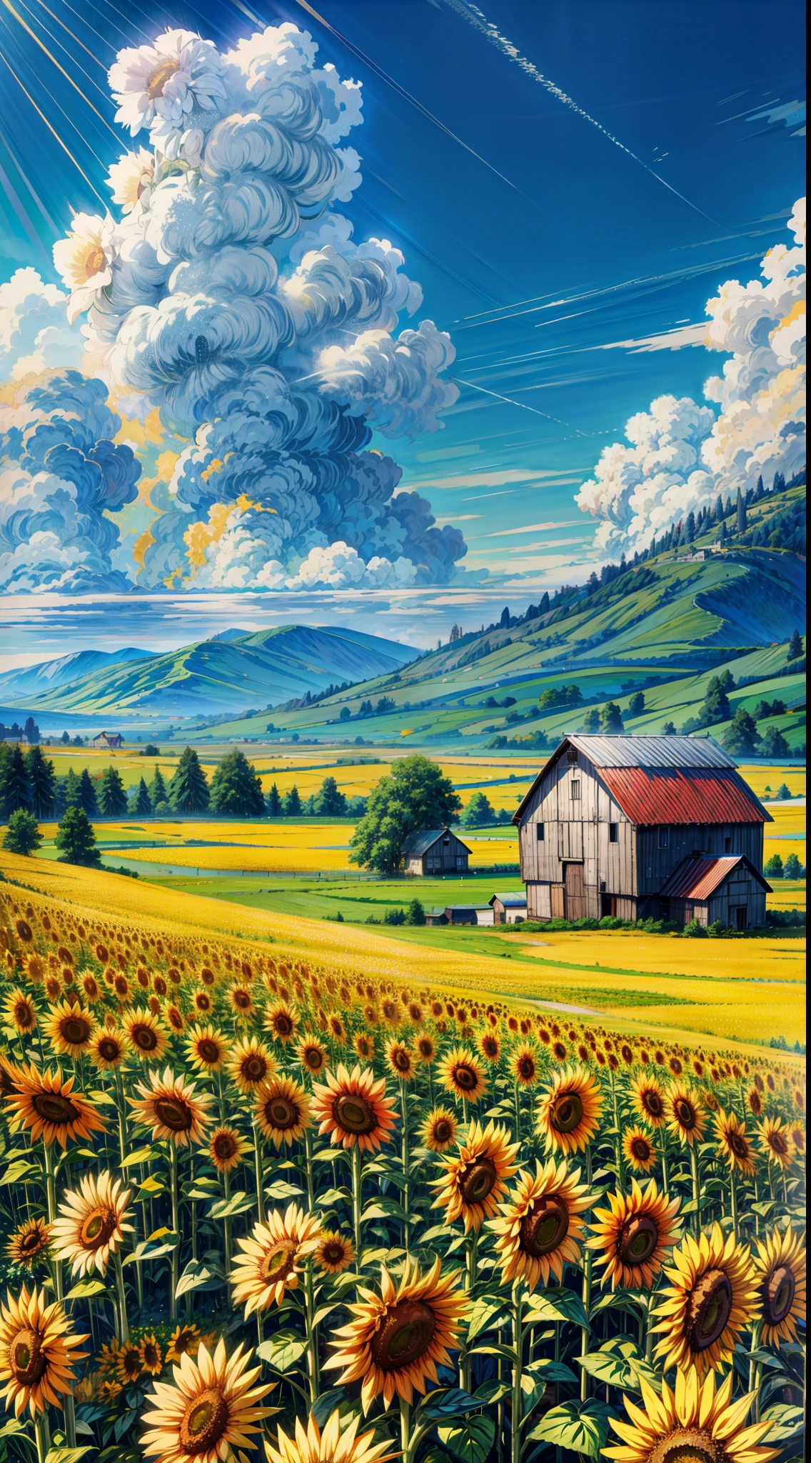 a field of sunflowers with a barn in the background, anime countryside landscape, anime landscape, scene: sunflower field, scene : sunflower field, anime landscape wallpaper, anime scenery, anime beautiful peace scene, sunflower field, anime nature wallpap, anime scenery concept art, summer field, sunny meadow, sunny day background, colors : yellow sunflowers, meadow background