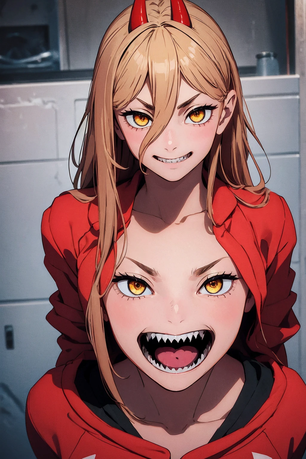 tmasterpiece, (Sharp teeth:1.1),(Ultra detailed backgrounds, delicate patterns, Complicated details, highly detailed, finely detailled), Best quality at best, strength, 1girll, banya, solo, teeth, Mischievous,A mischievous smile,dentes pontiagudos, cross-shaped pupils, long whitr hair, Yellow eyes, ((blond hairbl, little breast)), Red horn, jaket, (complex detailed background), (((cross-shaped pupils, pupils in symbol shapes)))
