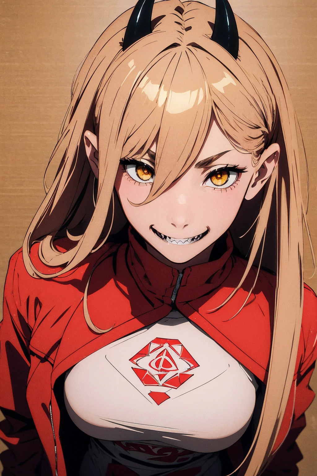 tmasterpiece, (Sharp teeth:1.1),(Ultra detailed backgrounds, delicate patterns, Complicated details, highly detailed, finely detailled), Best quality at best, strength, 1girll, banya, solo, teeth, Mischievous,A mischievous smile,dentes pontiagudos, cross-shaped pupils, long whitr hair, Yellow eyes, ((blond hairbl, little breast)), Red horn, jaket, (complex detailed background), (((cross-shaped pupils, pupils in symbol shapes)))