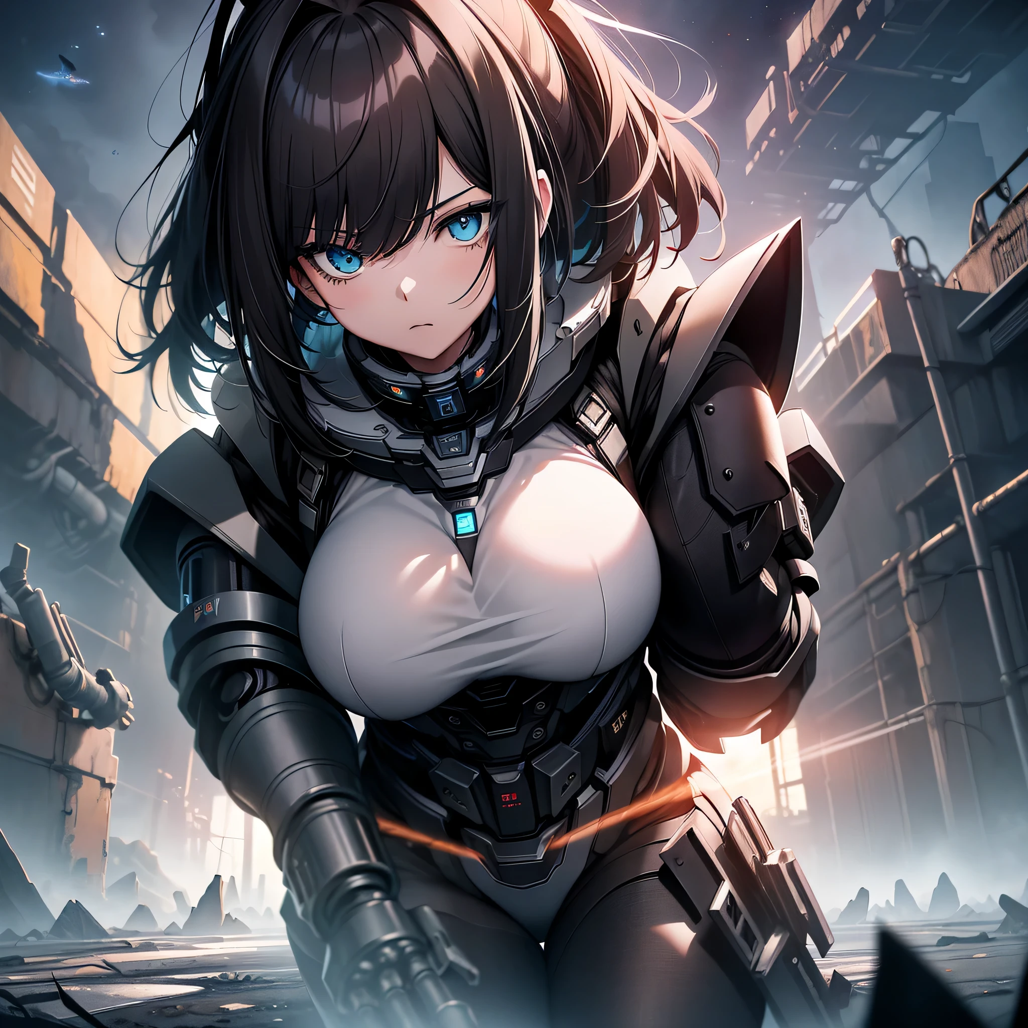 top-quality、Top image quality、masterpiece、Mecha Girl((18year old、Black and gray mechanical parts、Robot joints,Black tights,Bust 100、A dark-haired、Staring at the viewer、Breasts wide open,Large valleys、、Blue Eye、Dye cheeks、fighting poses))hiquality、depth of fields、Background with((World of the Apocalypse、Black sky))、Depth((planet earth)), nsfw. 70% nude