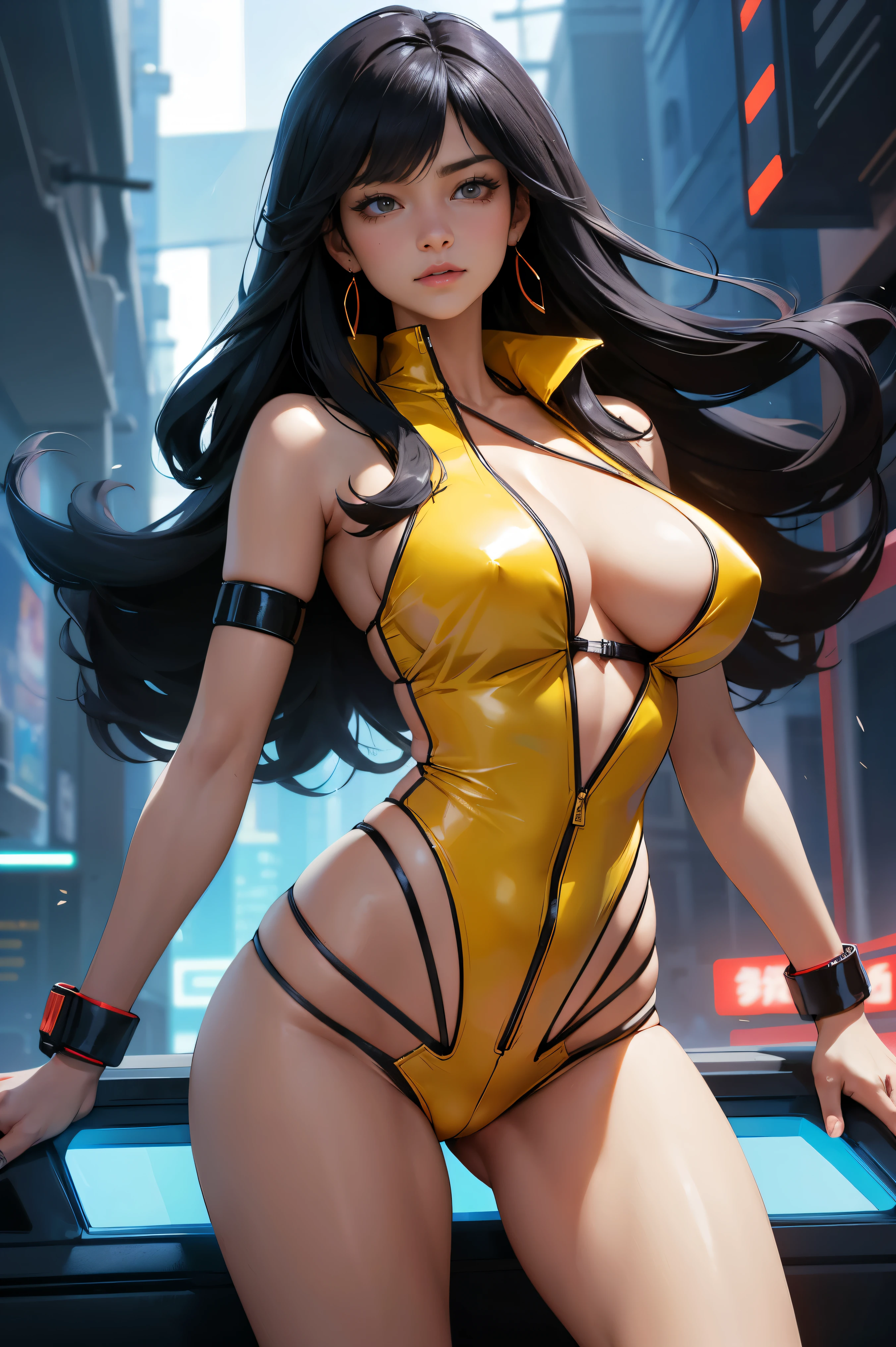(best quality:1.2,highres,ultra-detailed), detailed face and body of Yuri from The Dirty Pair, stunning Asian beauty, expressive brown eyes, luscious lips, long flowing black hair, (skimpy yellow outfit), (revealing cleavage), confident and sexy pose, (cyberpunk-inspired city background), neon lights illuminating the scene, vibrant colors, (futuristic and edgy atmosphere), stylish and sleek architecture, dynamic angles and composition, (sci-fi and anime fusion), perfect beauty