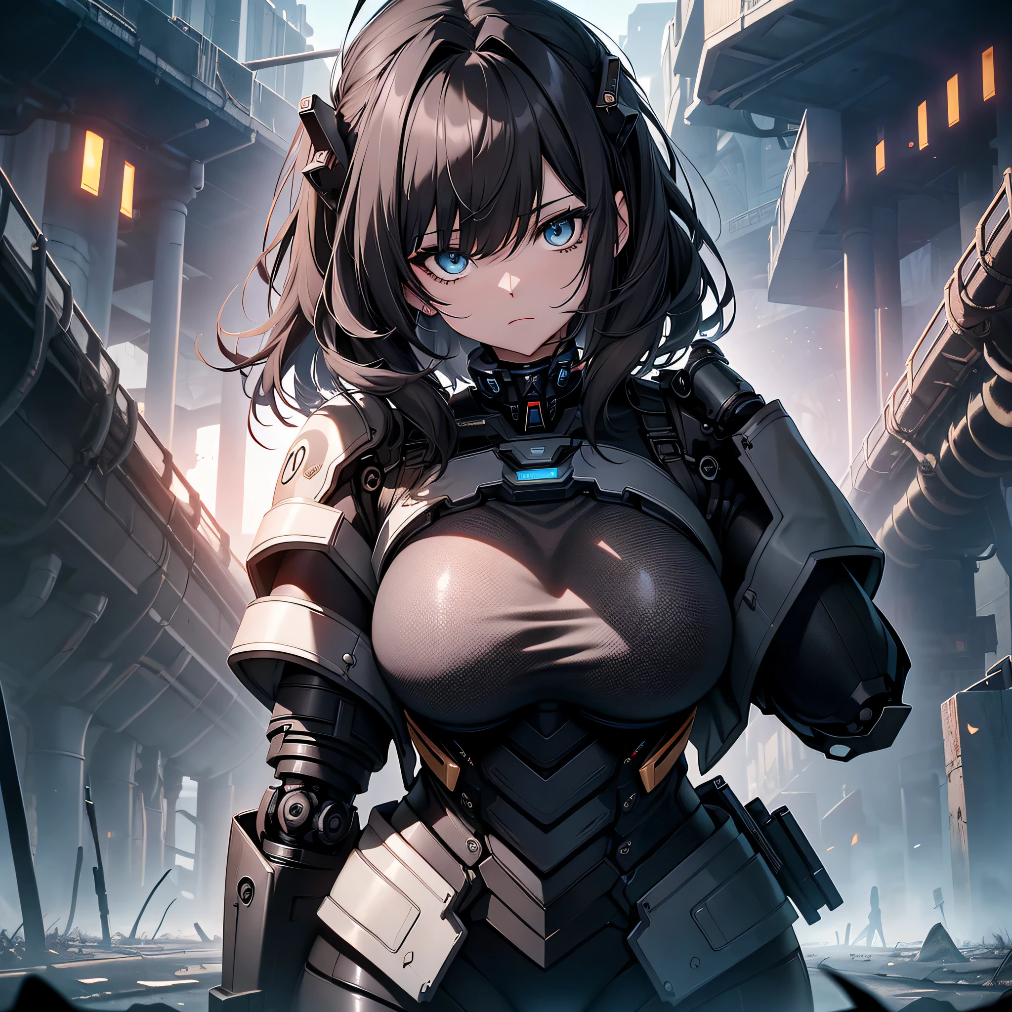 top-quality、Top image quality、masterpiece、Mecha Girl((18year old、Black and gray mechanical parts、Robot joints,Black tights,Bust 100、A dark-haired、Staring at the viewer、Breasts wide open,Large valleys、、Blue Eye、Dye cheeks、fighting poses))hiquality、depth of fields、Background with((World of the Apocalypse、Black sky))、Depth((planet earth))