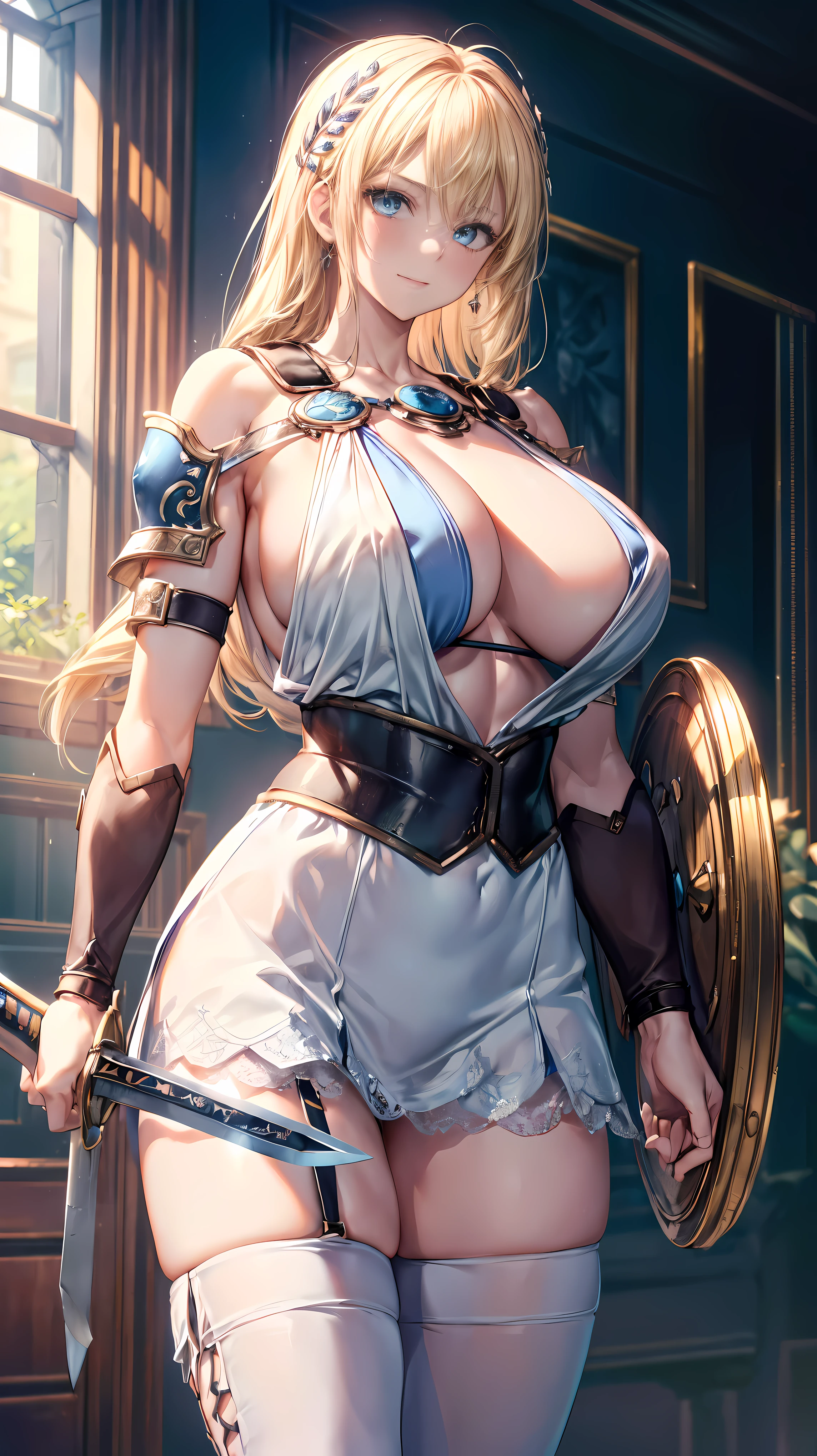 Super detailed、masterpiece、masterpiece、sensual, long blonde hair, thick thighs, 8K, 4k, highest quality, (High resolution:1.6), cute anime face, noise reduction, (shining blue eyes, gentle smile:1.5, Gentle ice star piece)、toned abdominal muscles, muscular arms, muscular legs, young face, Sophitia Alexandra、(holding a sword in the right hand:1.5)、(Equipped with a shield on the left arm:1.5)、(SFW huge body:1.8)、knee high tights、beautiful hands、garter belt、small nose