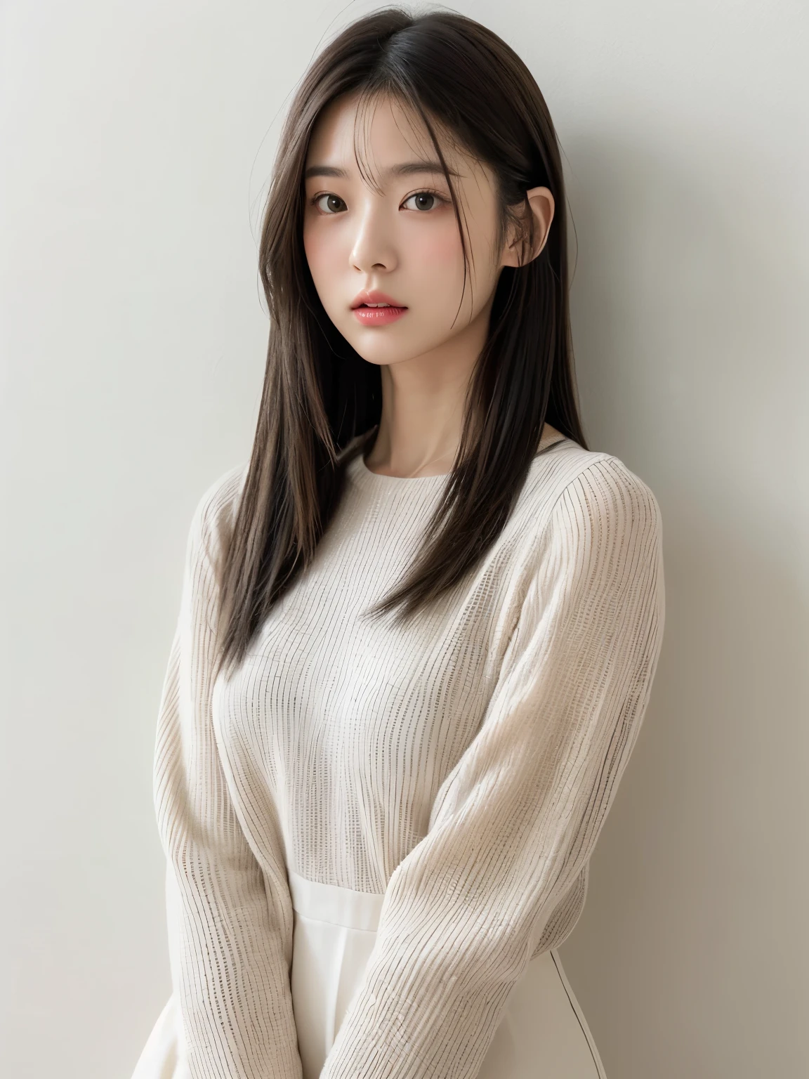 see-through tops、beige long sleeve dress、(背景にwhite wall、Part of the hair is light gray:1.4)、white wall、Taken in front of the white door、(窓のあるwhite wallの部屋)、((highest quality、8K、masterpiece:1.3))、ultra high resolution、(photogenuineistic:1.4)、RAW photo、Japanese,(face)、genuine、Photographed in natural light、Highly detailed face and skin texture、highly detailed lips、correct state of the human body、medium hair、black hair、various poses、natural color lip