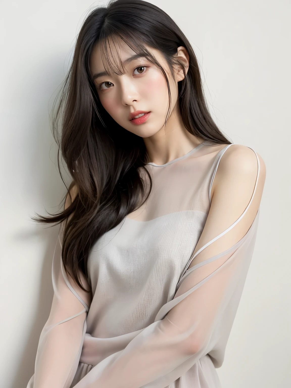 see-through tops、beige long sleeve dress、(背景にwhite wall、Part of the hair is light gray:1.4)、white wall、Taken in front of the white door、(窓のあるwhite wallの部屋)、((highest quality、8K、masterpiece:1.3))、ultra high resolution、(photogenuineistic:1.4)、RAW photo、Japanese,(face)、genuine、Photographed in natural light、Highly detailed face and skin texture、highly detailed lips、correct state of the human body、medium hair、black hair、various poses、natural color lip