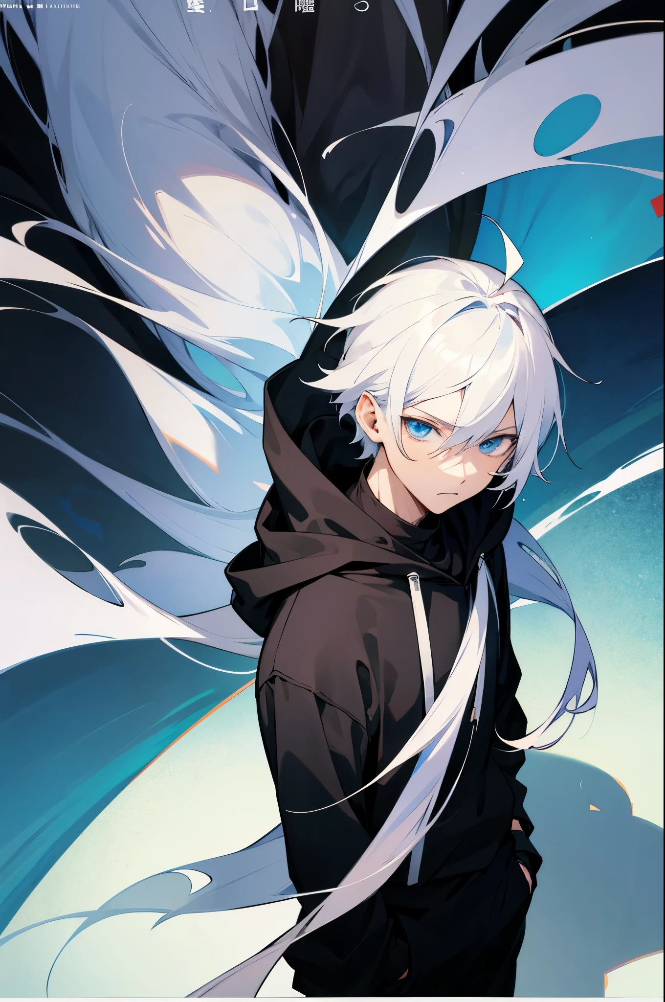 Manga cover art, male with white hair, blue eyes, in a black hoodie, looking into the distance, masterpiece, fashion
