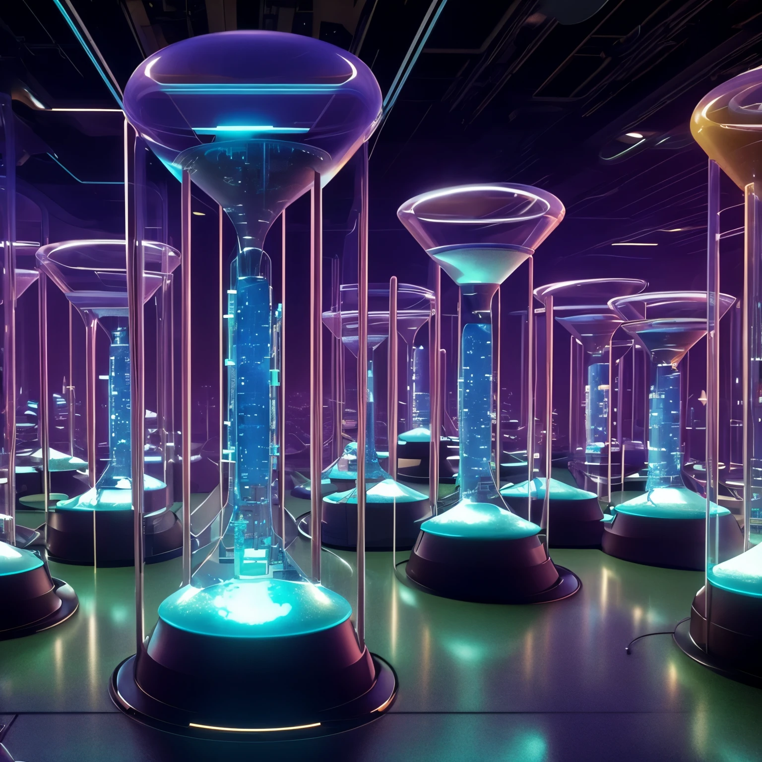 Huge 30-degree tilted digital hourglass against a dim bioengineering laboratory with rows of cryogenic pods backdrop, moebius style